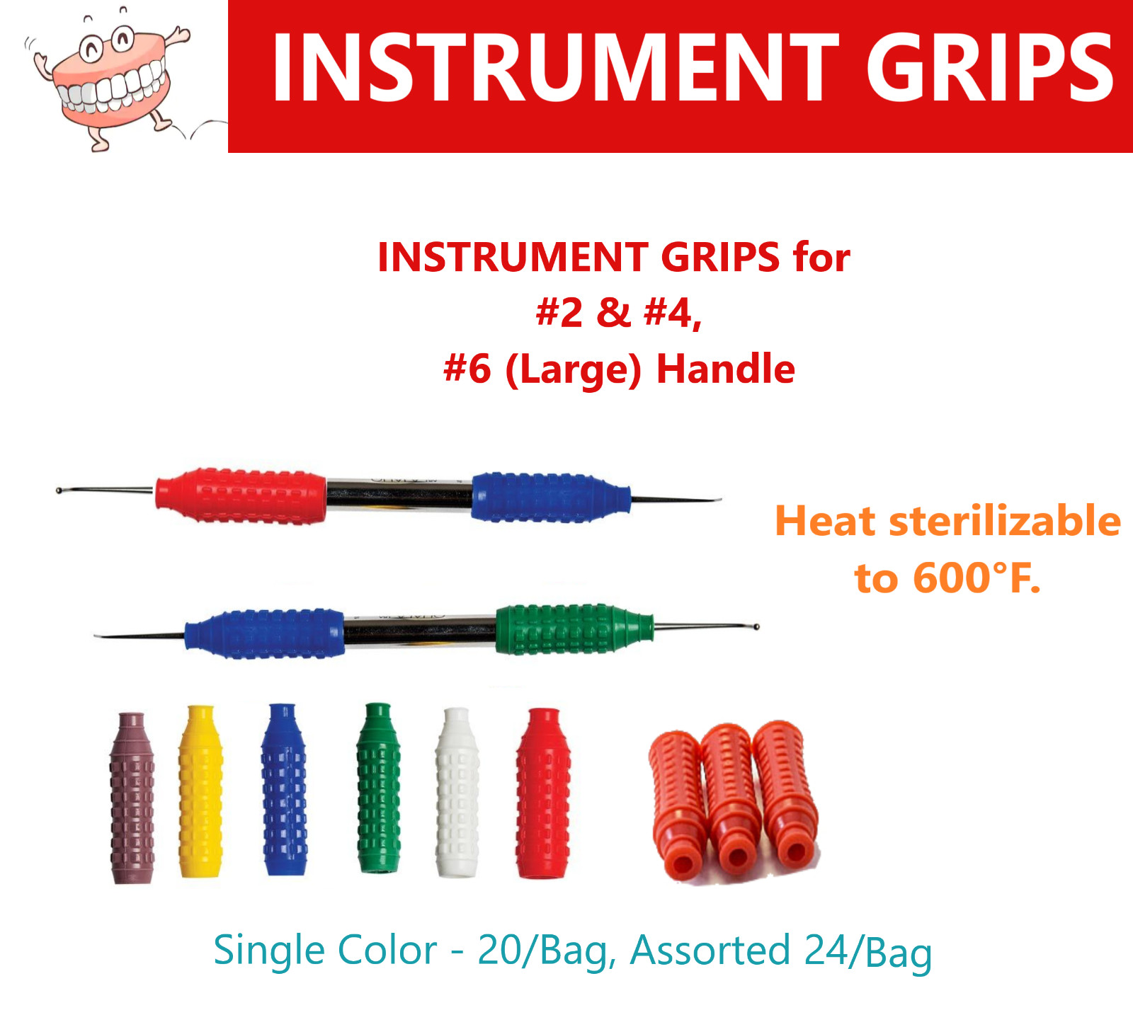 Dental Hygienist Instrument Silicone Grips (S /L) #2, #4, #6 – 20-24/Bg 6 Colors