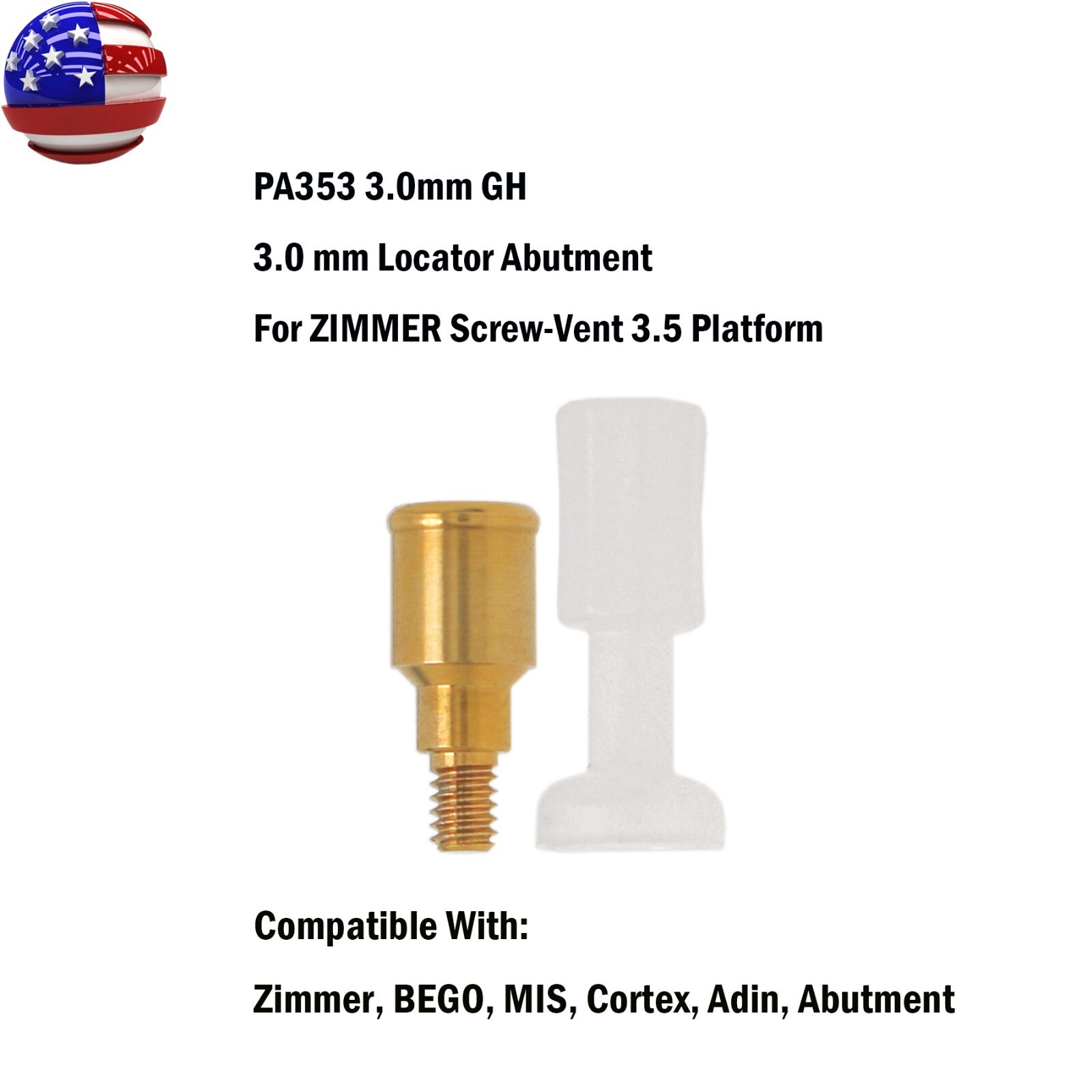 Overdenture Abutment Locator Male Cap Core Tool fit Zimmer 3.5mm Adin Mis Bego