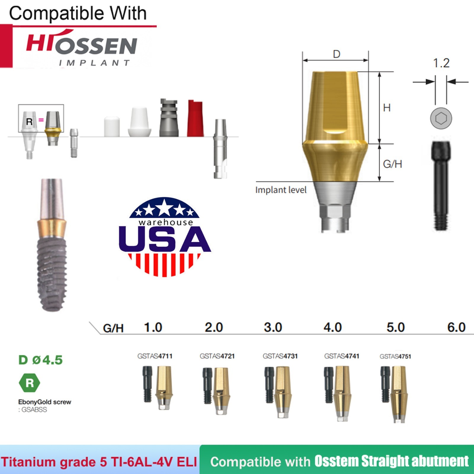 Dental Titanium Straight Abutment Fit Osstem Hiossen ET Regular Cement Retained
