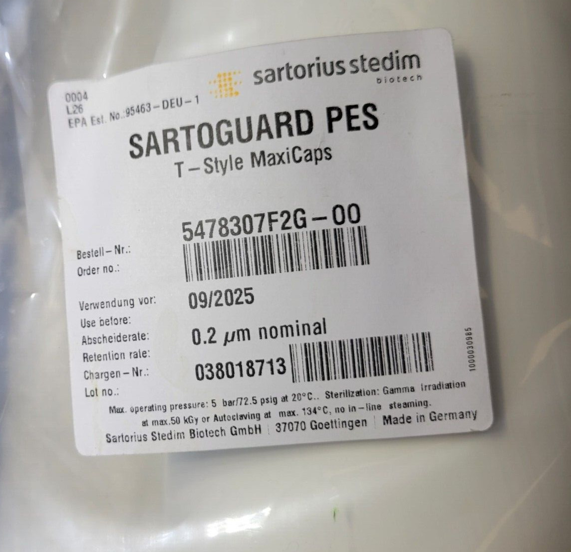 Sartorius 5478307F2G-00 Sartoguard PES T-Style Maxicaps 0.2µm 20″ Hose Barb ½“