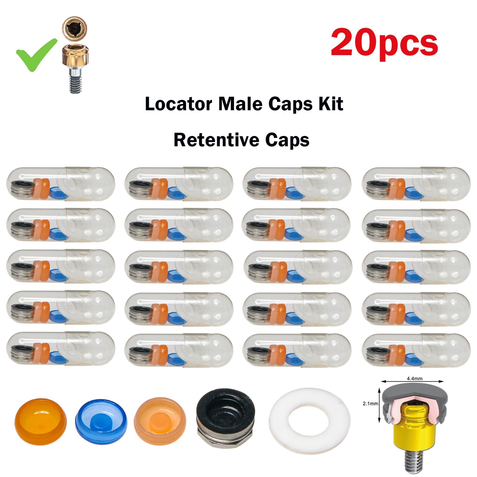 US Dental 5Pcs/set Overdenture Attachment Locator Retention Cap Male Cap Inserts