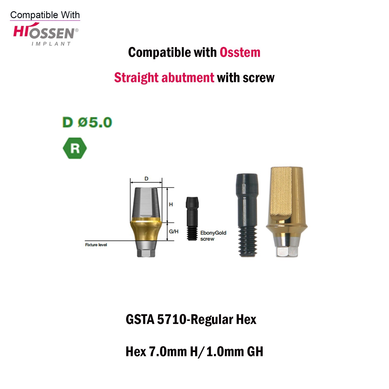US Regular Straight Transfer Abutment Ø5.0 For Osstem Hiossen Hex 7.0mm Implants