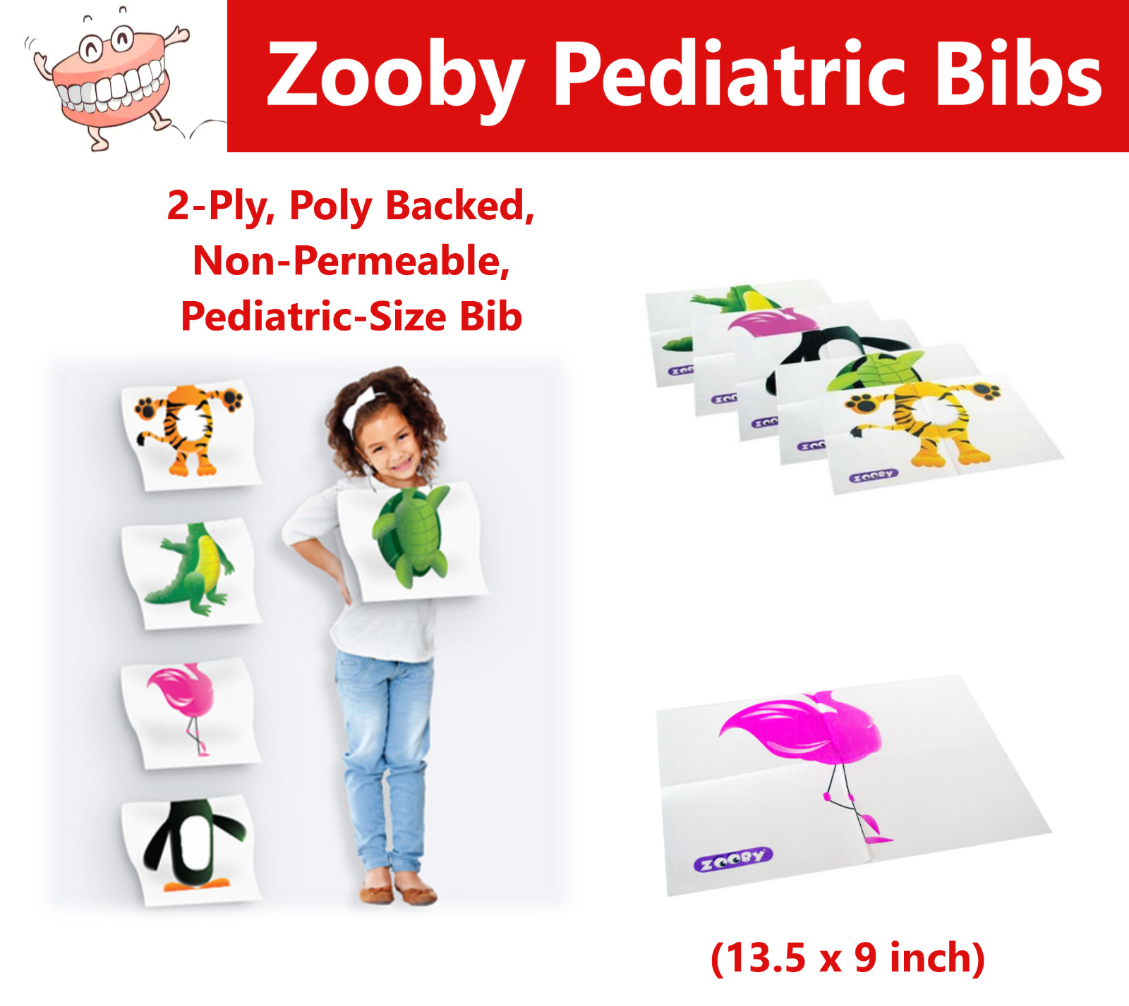 Dental Zooby Bibs, Disposable Waterproof Three Layers Pediatric Bib, 13.5 x 9 in