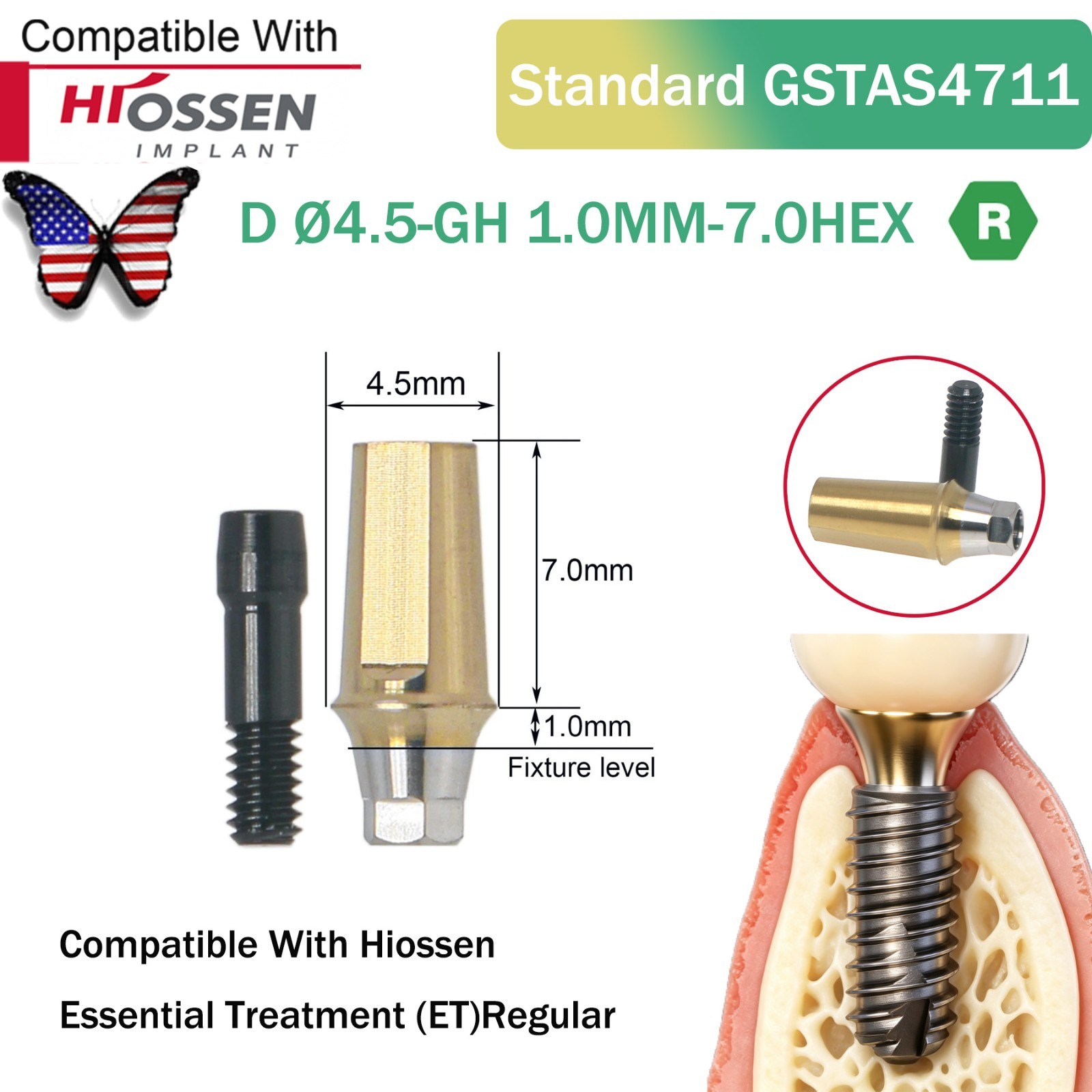 Dental Titanium Straight Abutment Fit Osstem Hiossen ET Regular Cement Retained