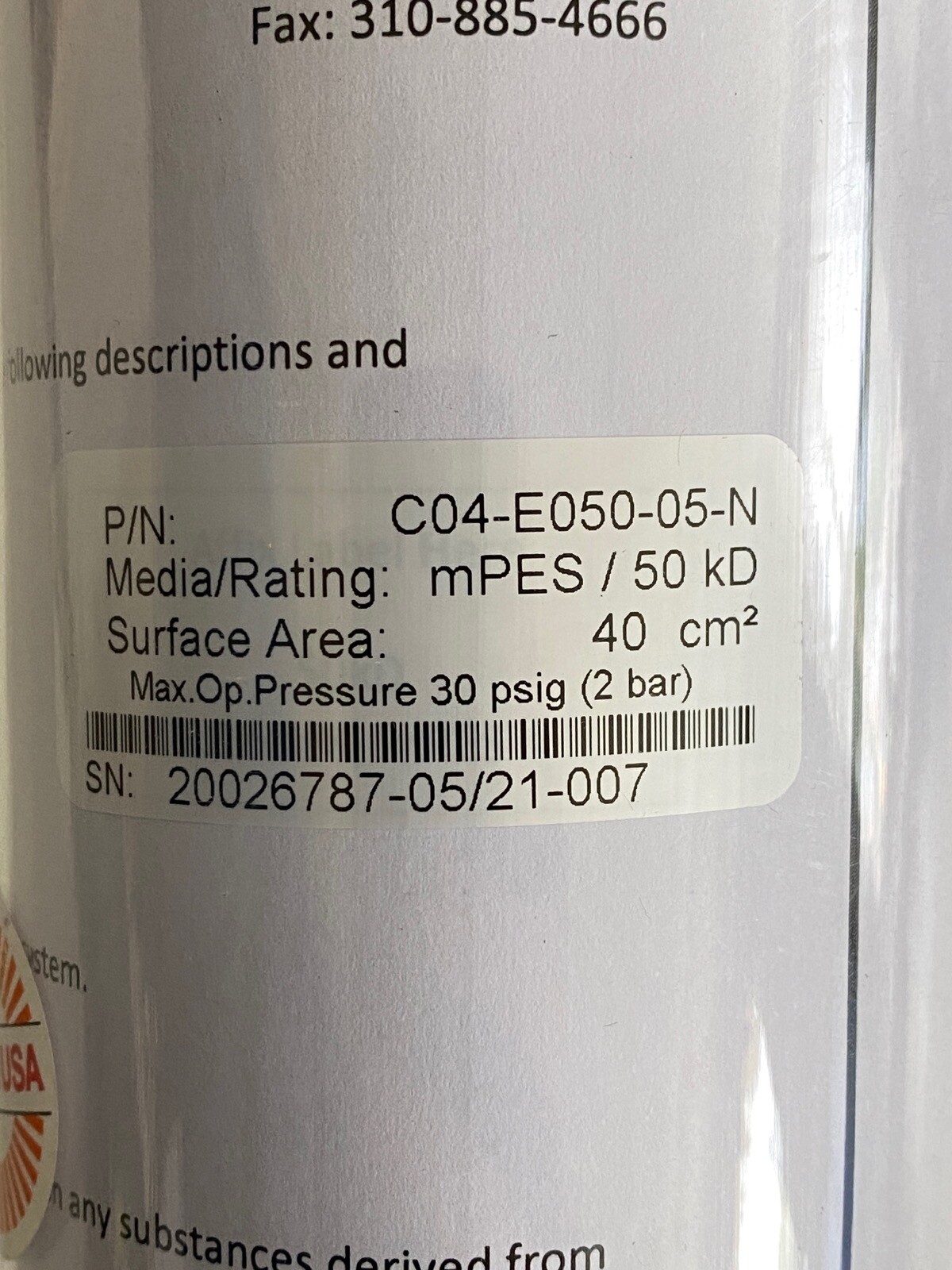 REPLIGEN MicroKros Hollow Fiber Filter Module 41.5cm 50kD mPES C04-E050-05-N