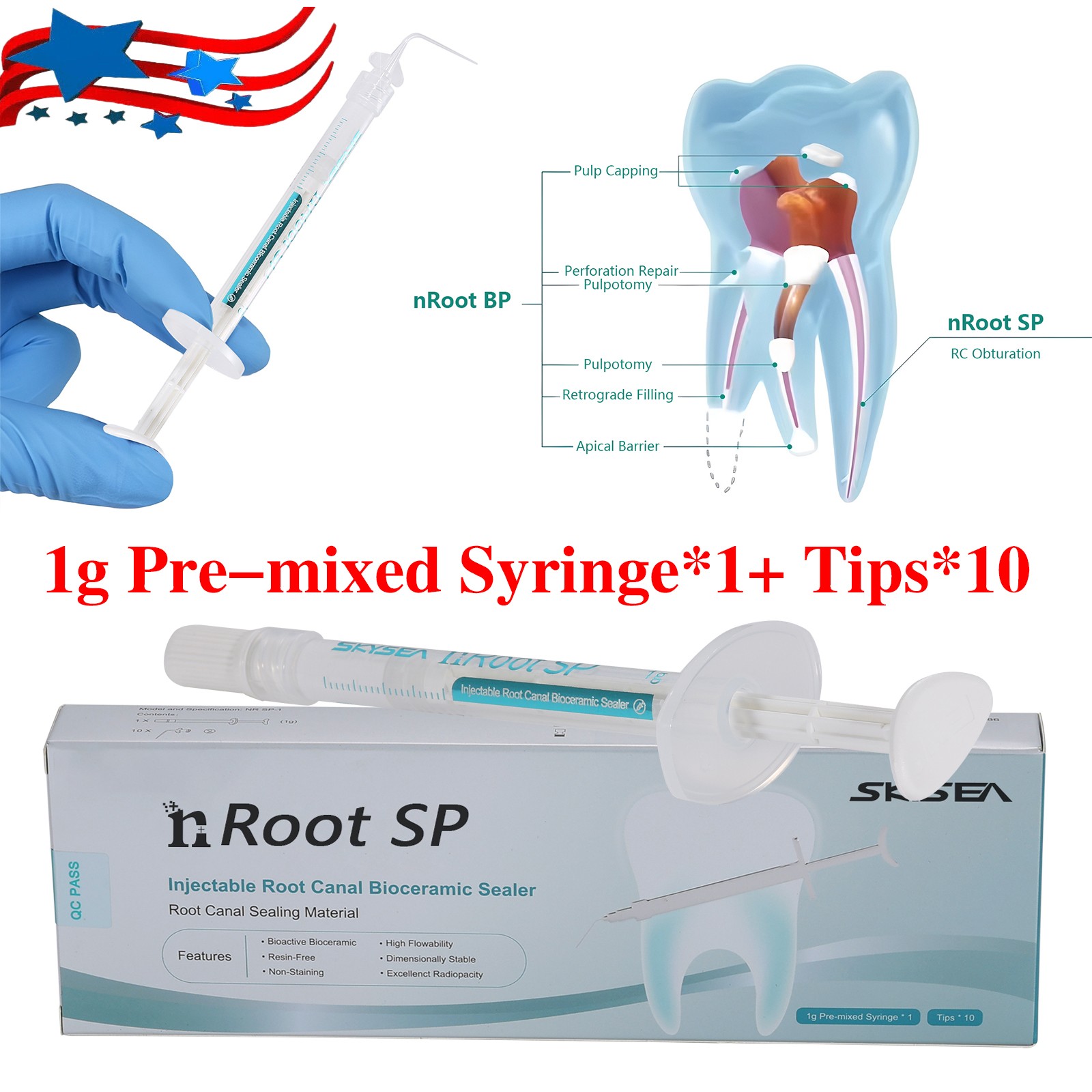1g (nRoot SP) Dental Bioseal Bioceramic Root Canal Sealer1.0g syringe + 10 tips