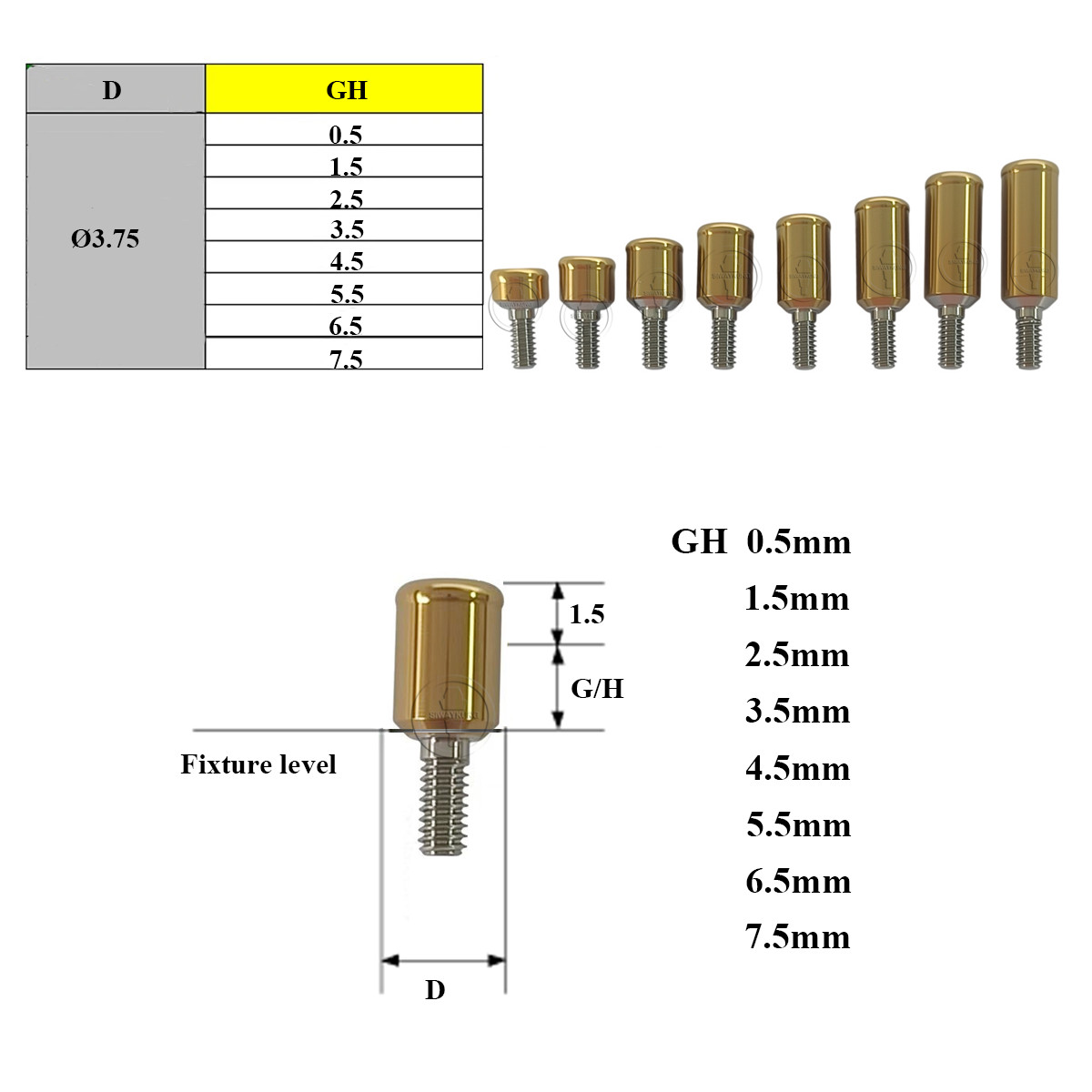 Locator abutment full set male caps fit to Implant Direct D3.75 GH0.5-7.5