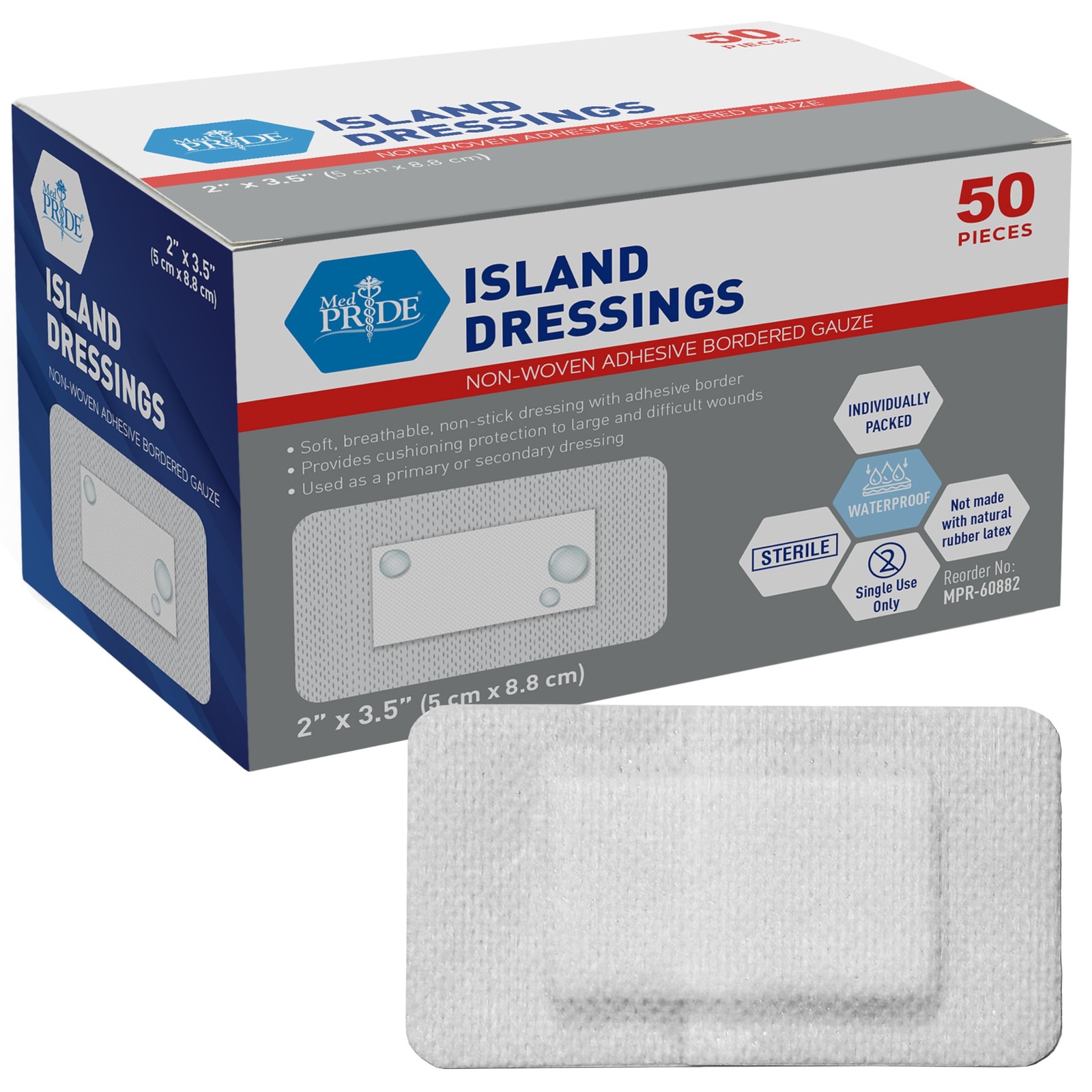 MED PRIDE Adhesive Island Dressing 2×3 in, Pack of 50 Sterile 2” x 3.5”