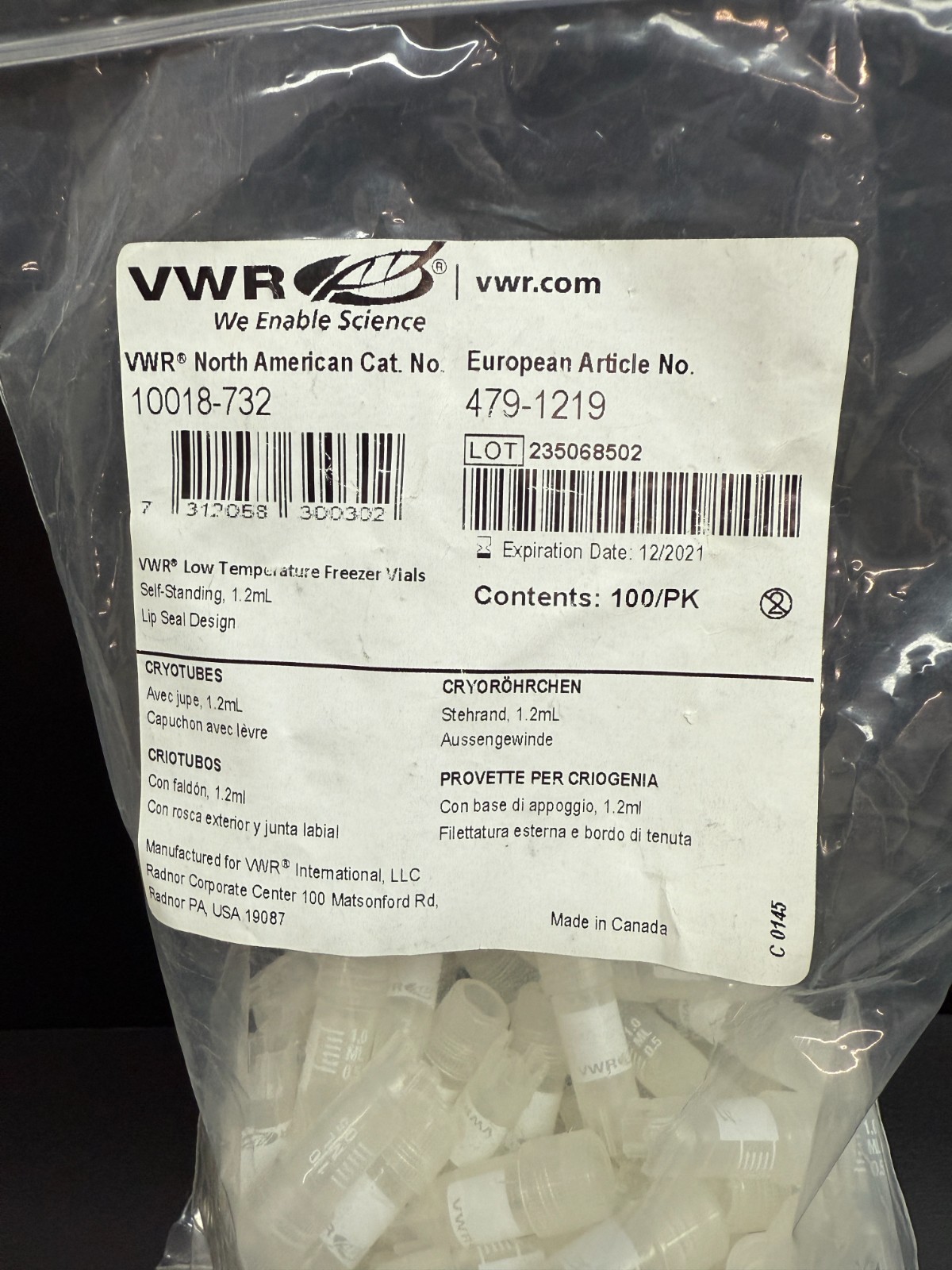 VWR Cat No 10018-732 Low Temperature Freezer Vials Self Standing 1.2mL