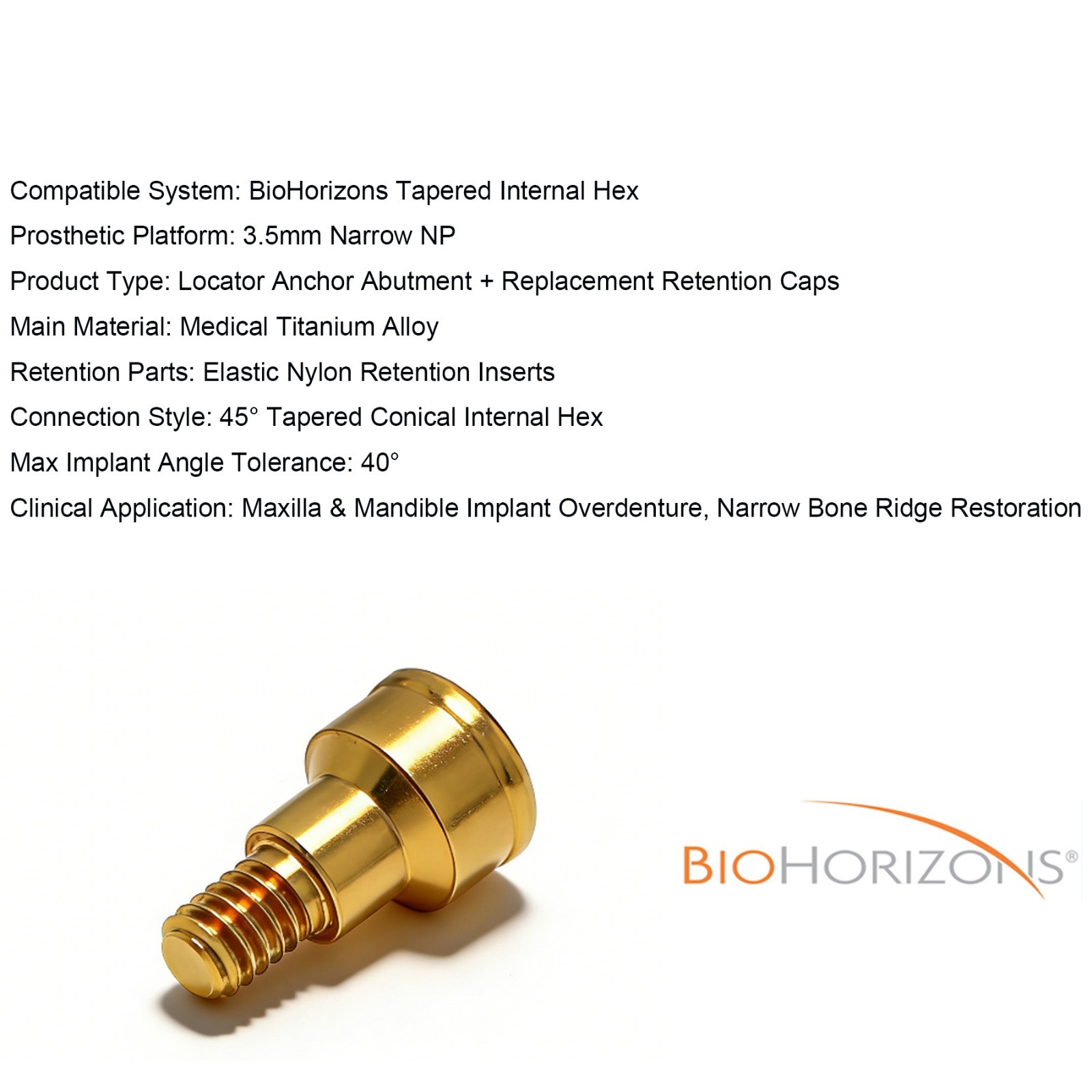 US Overdenture Abutment Removable Anchor Internal Hex BIOHORIZONS 3.5mm Tapered