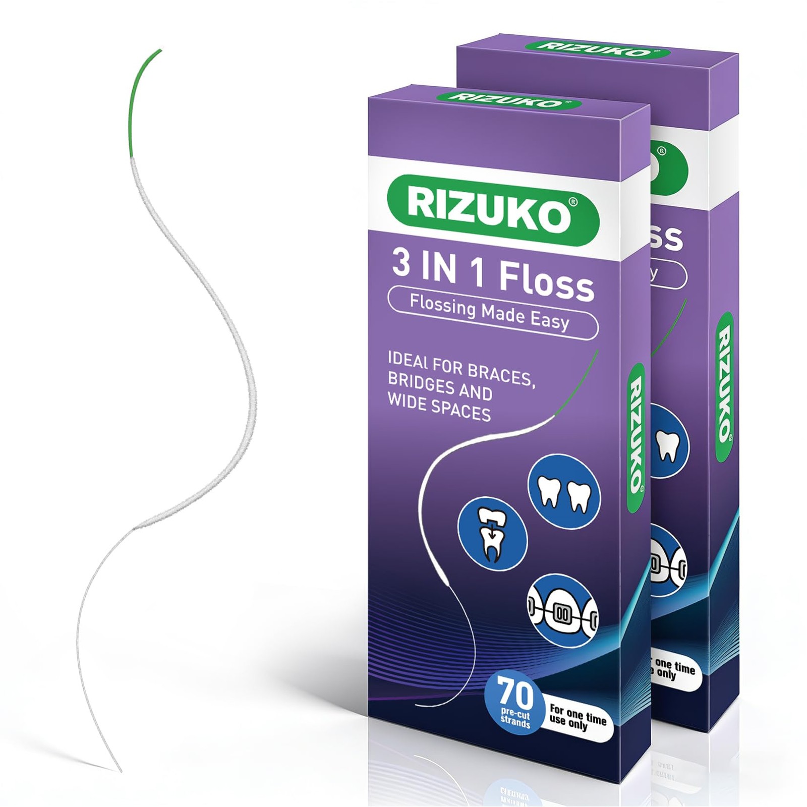 Rizuko Dental Floss for Braces, 3-in-1 70 Count (Pack of 2), White