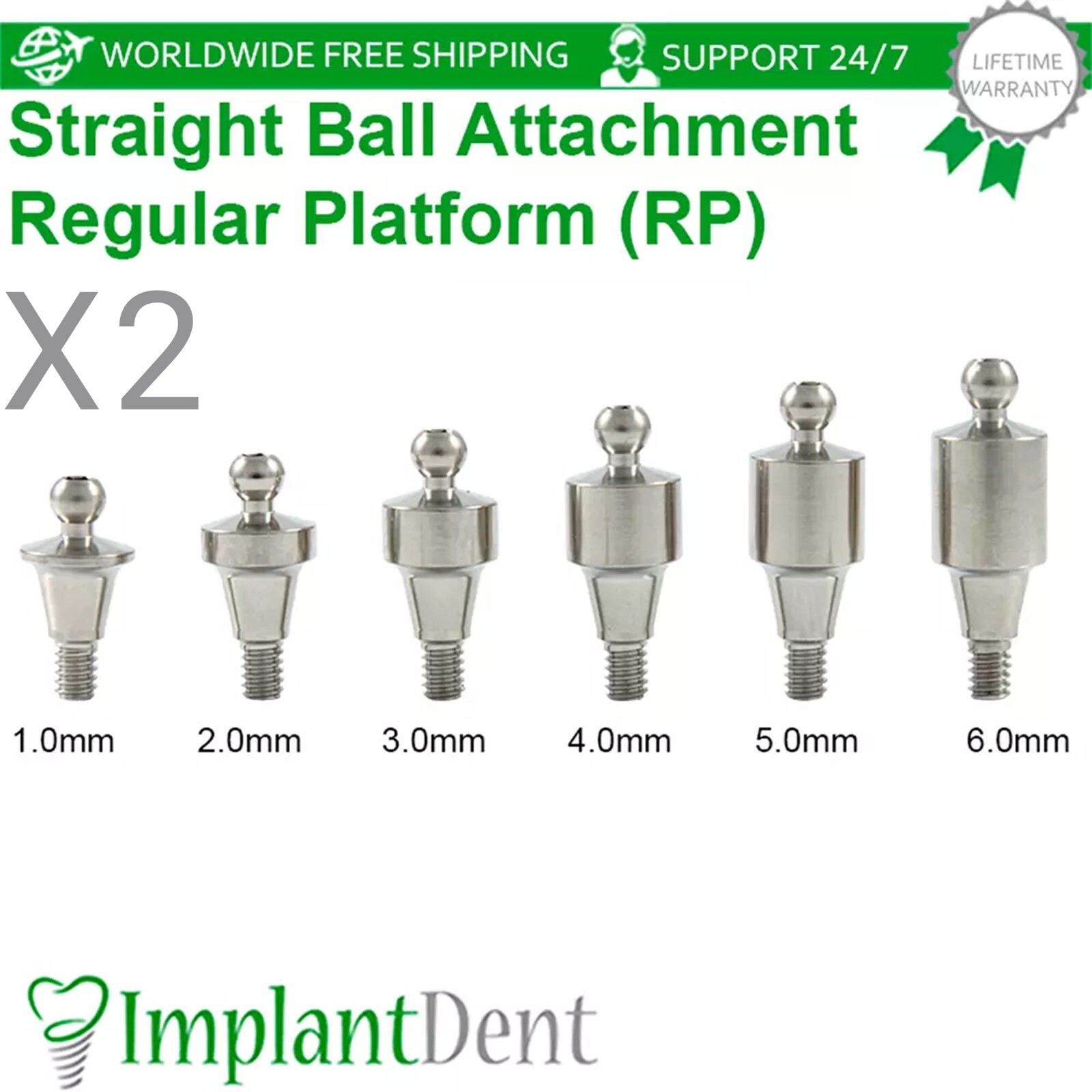2x Dental Straight Ball Attachment Regular Platform Conical Hex System 2.65mm