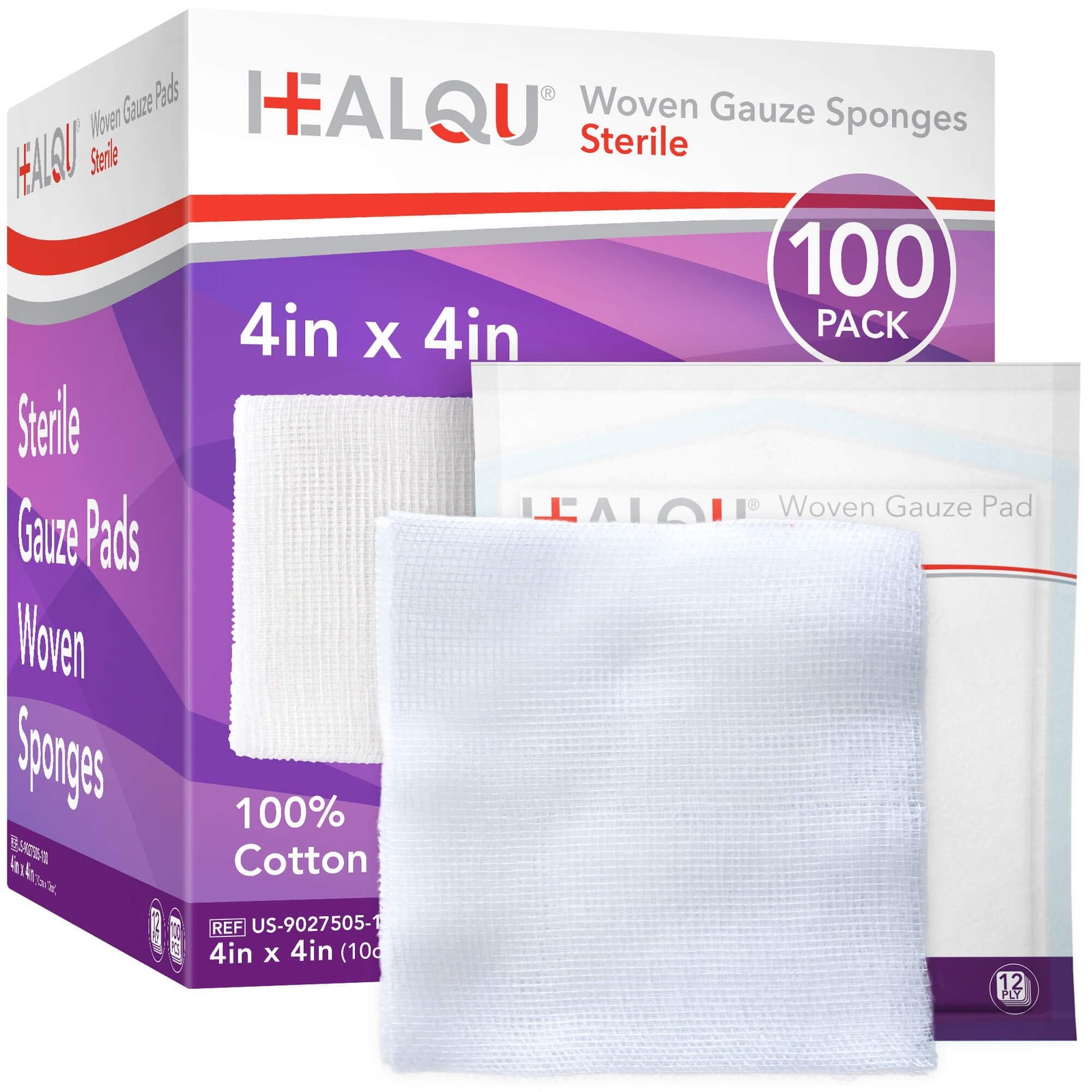 4×4 Large Sterile Gauze Pads – 100 Pack, 12-Ply Woven 4″x4″ (100 Pack), White