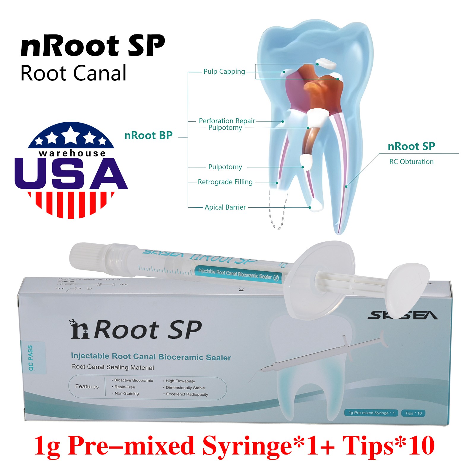 1g (nRoot SP) Dental Bioseal Bioceramic Root Canal Sealer1.0g syringe + 10 tips