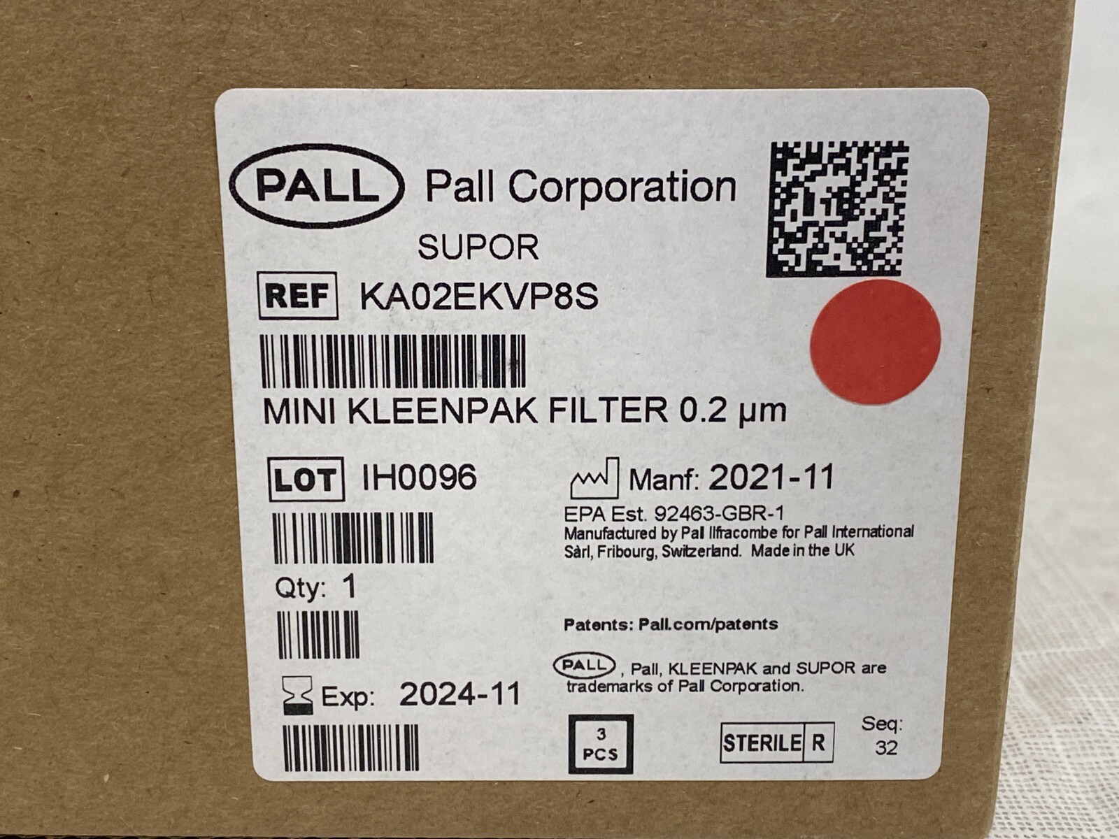 (3/Pk) PALL Mini Kleenpak Capsules EKV Supor Membrane 0.2um PES KA02EKVP8S
