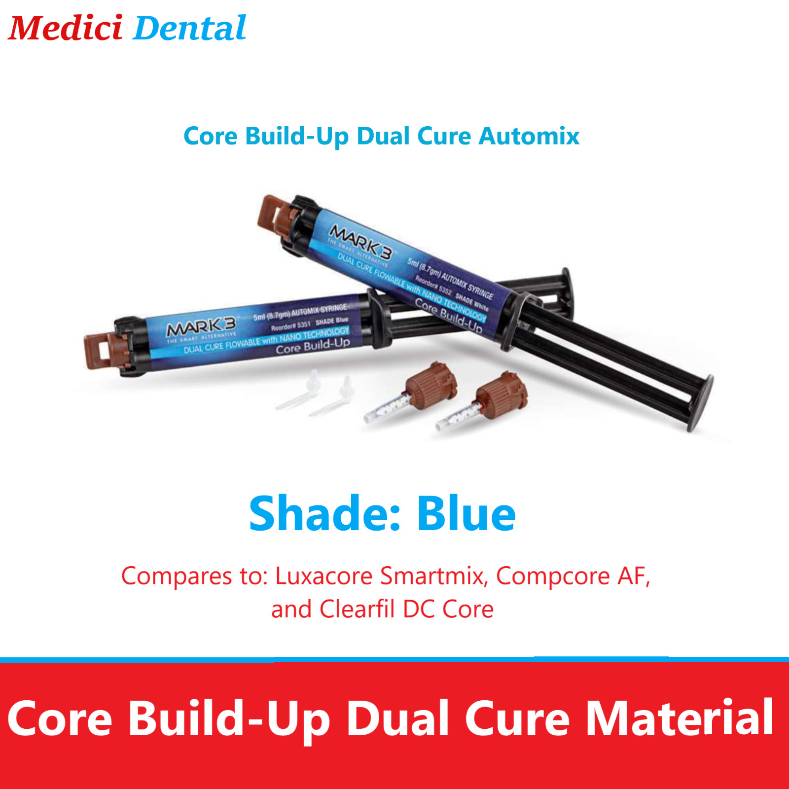 Dental Core Build-Up Dual Cure Automix Shade: Blue, 1/2 Core Material, Made USA