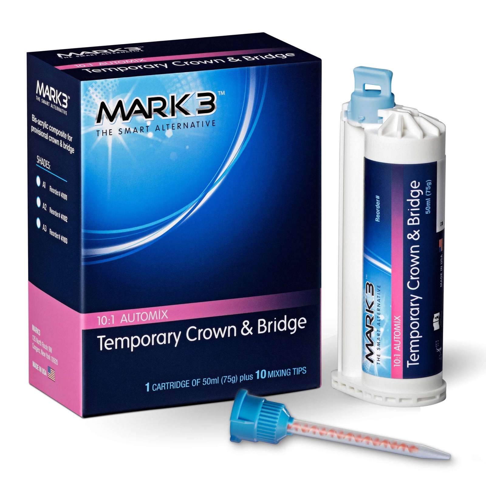 MARK3 Crown & Bridge Temporary Material – A1, 75 Gm. Cartridge + 10 Mixing Tips