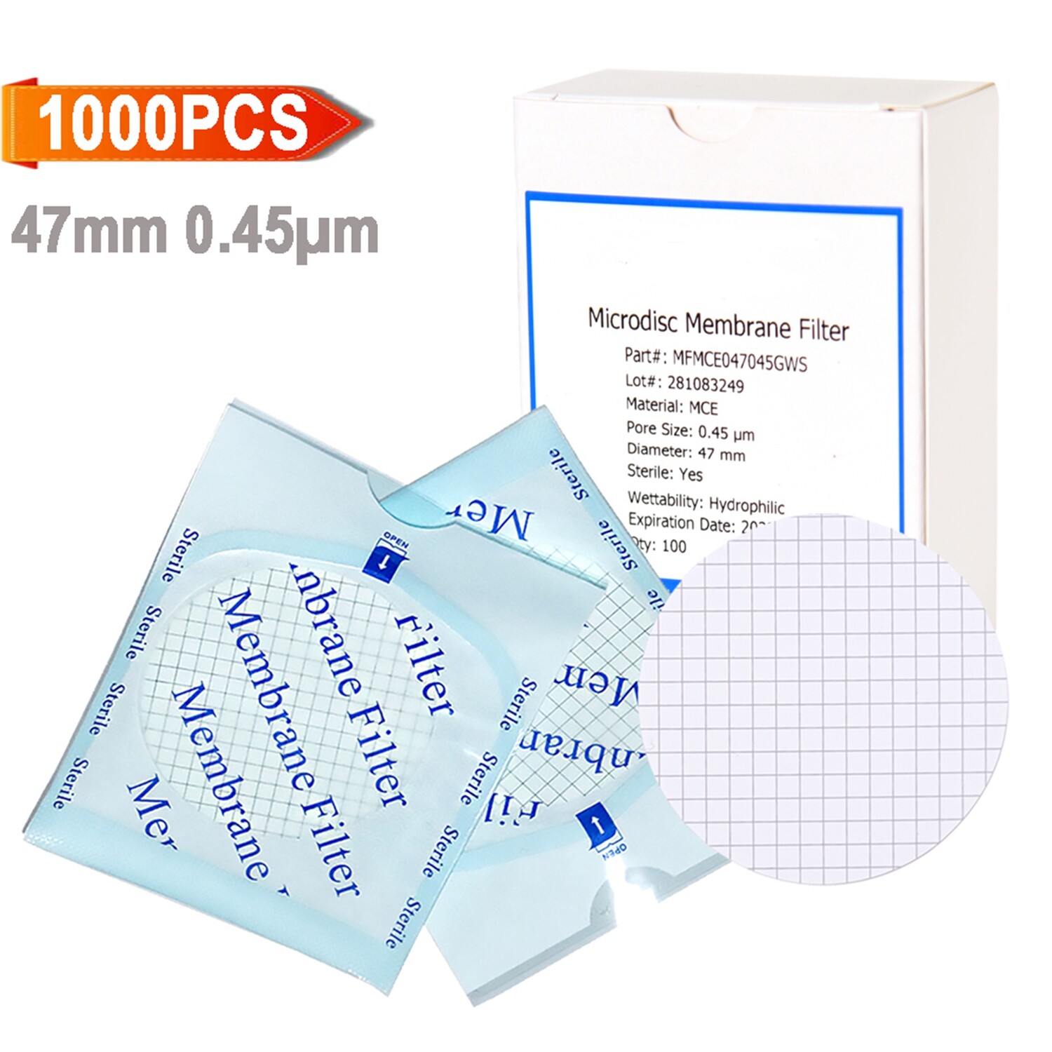 Gridded MCE Filters 47mm 0.45μm,Hydrophilic,Sterile MCE Membrane Filters 1000pcs
