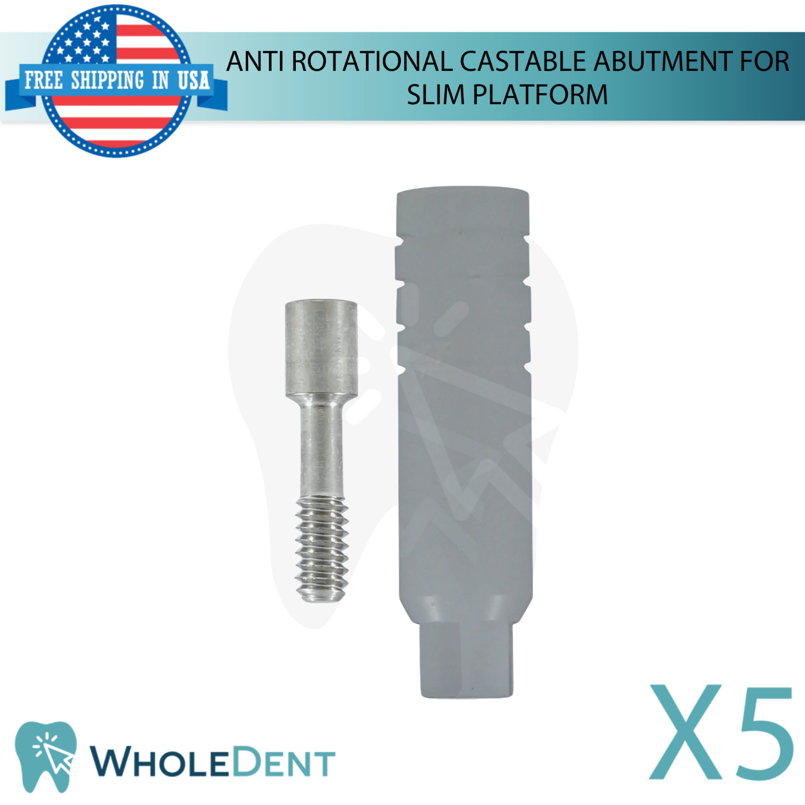 5x Anti Rotational Castable Dental Prosthetic Ø3.0mm Slim Platform Int Hex 2.0mm