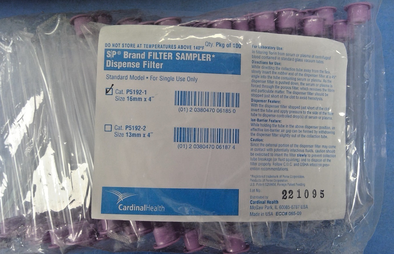 Cardinal Health SP Brand Standard Filter Sampler-P5192-1, 16mm x 4″, Pack of 100