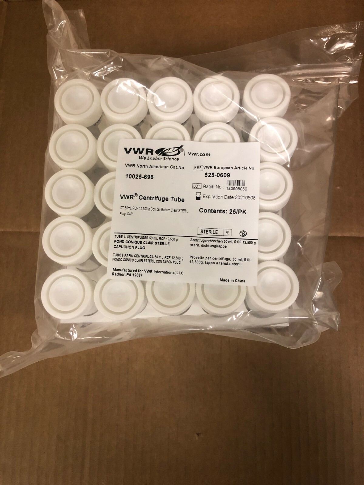 25 VWR 10025-696 Centrifuge Tube CT 50 mL Conical Bottom Clear Sterile plug cap