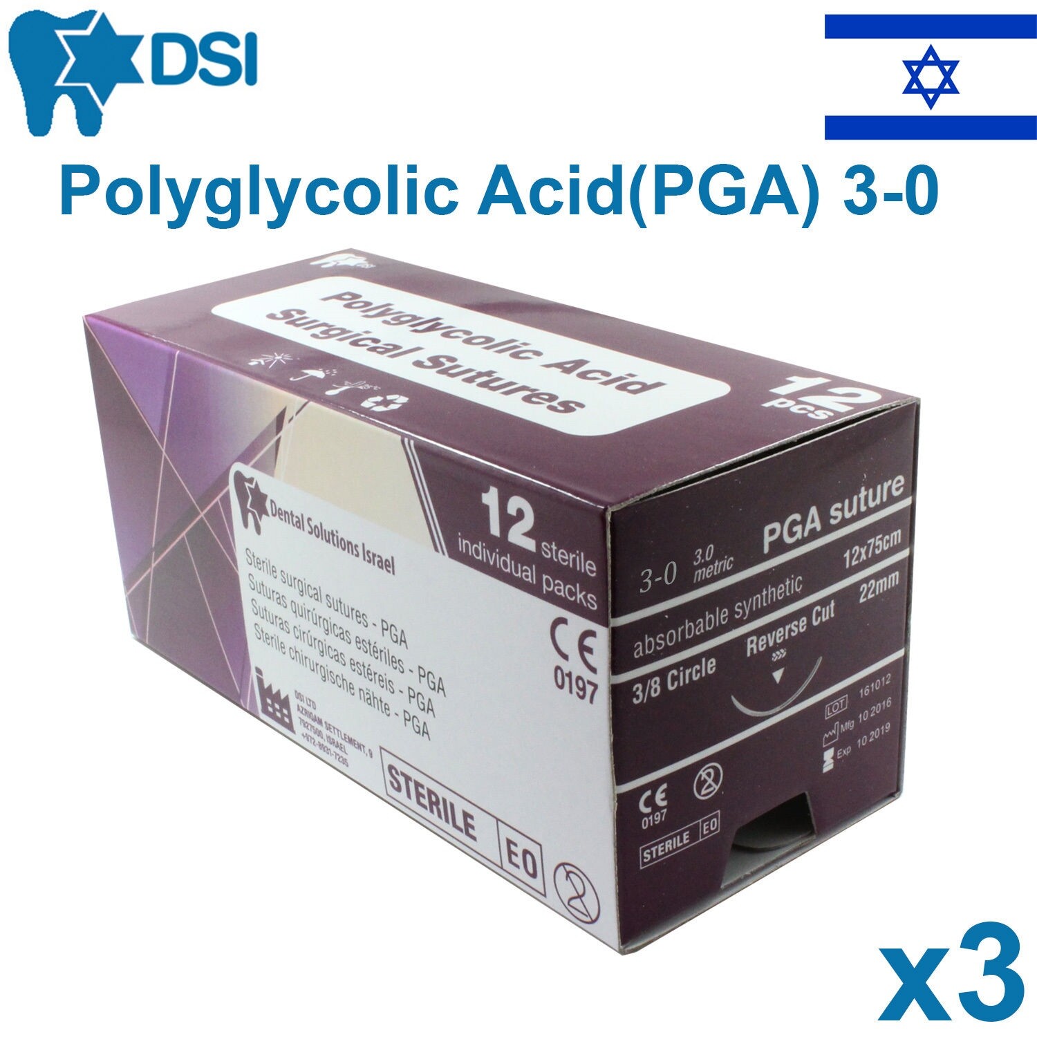 3x PGA 3/0 Polyglycolic Acid Sewing Thread 20mm 3/8 Circle Reverse Sterile