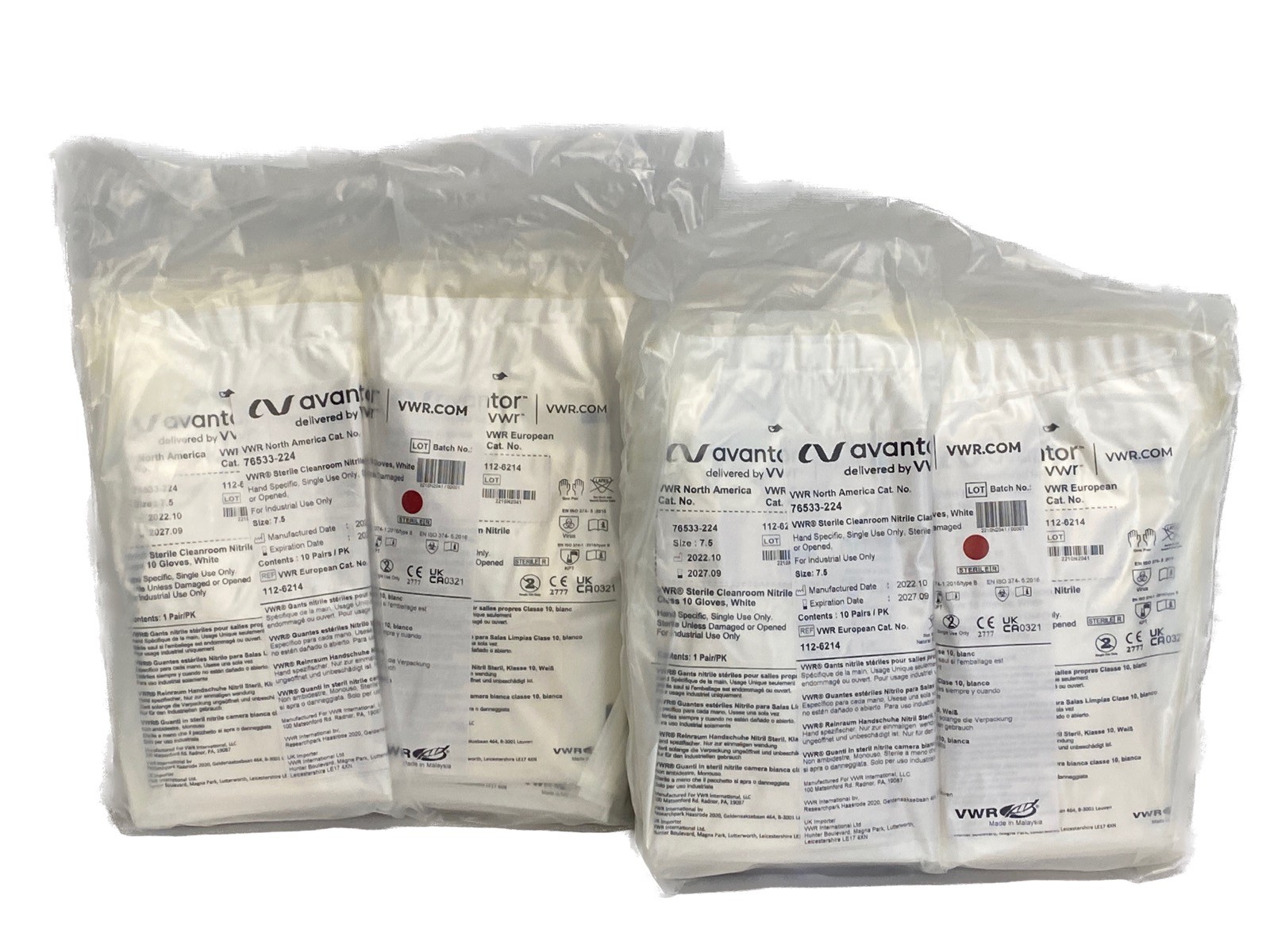 (20) AVANTOR Sterile Cleanroom Class 10 Nitrile Gloves Size 7.5 White 76533-224