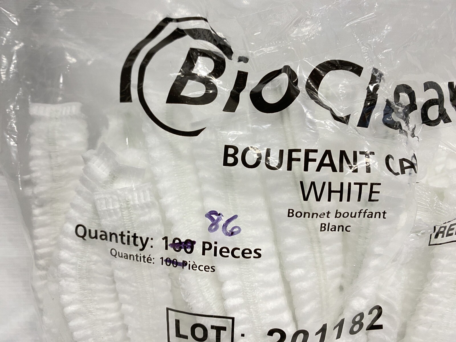 (86 Pcs) ANSELL BioClean White Polypropylene 19” Bouffant Caps Universal BBC-W