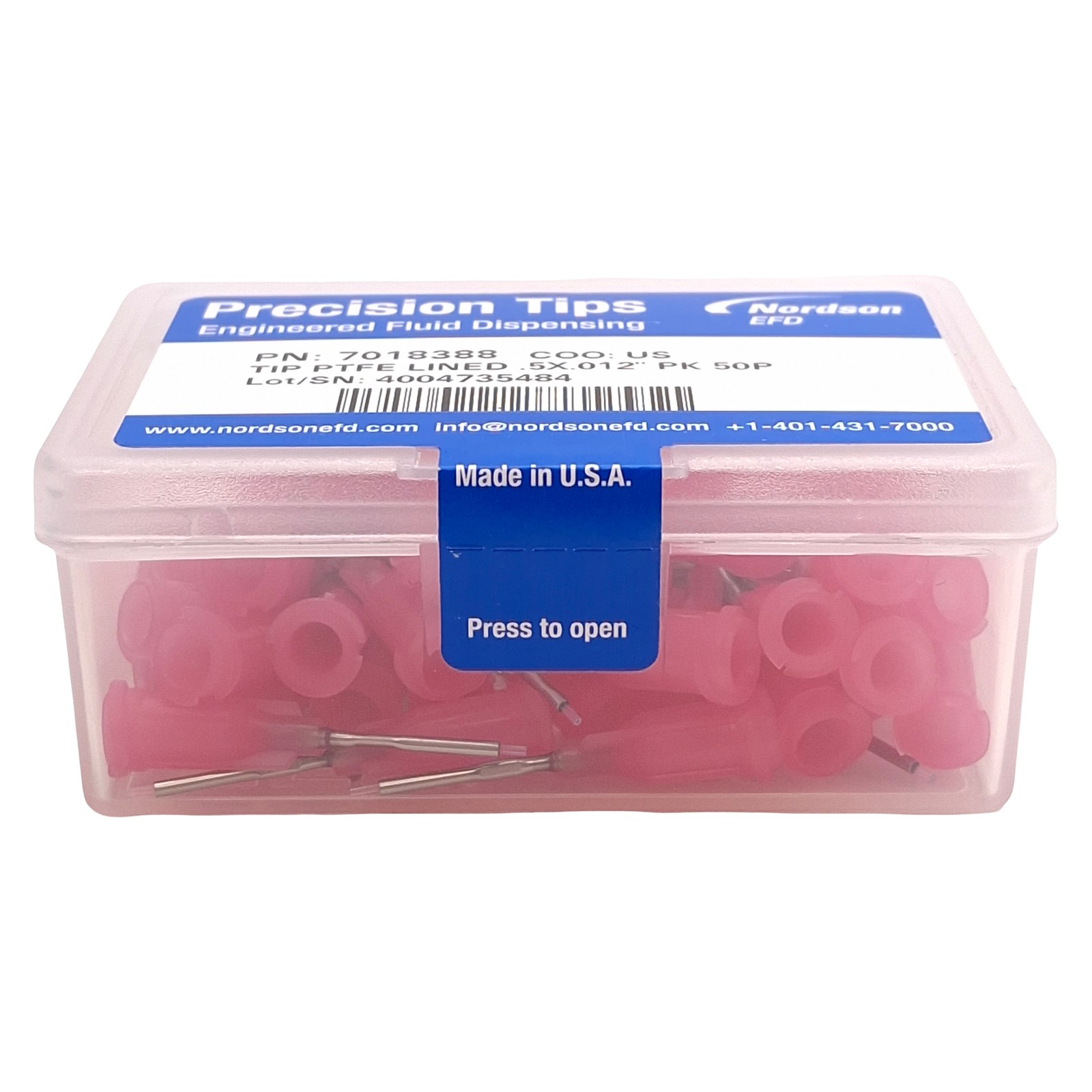 Nordson EFD 7018388 Precision PTFE-Lined Tips, Pink, 0.5in x 0.012in ID, 50/Box