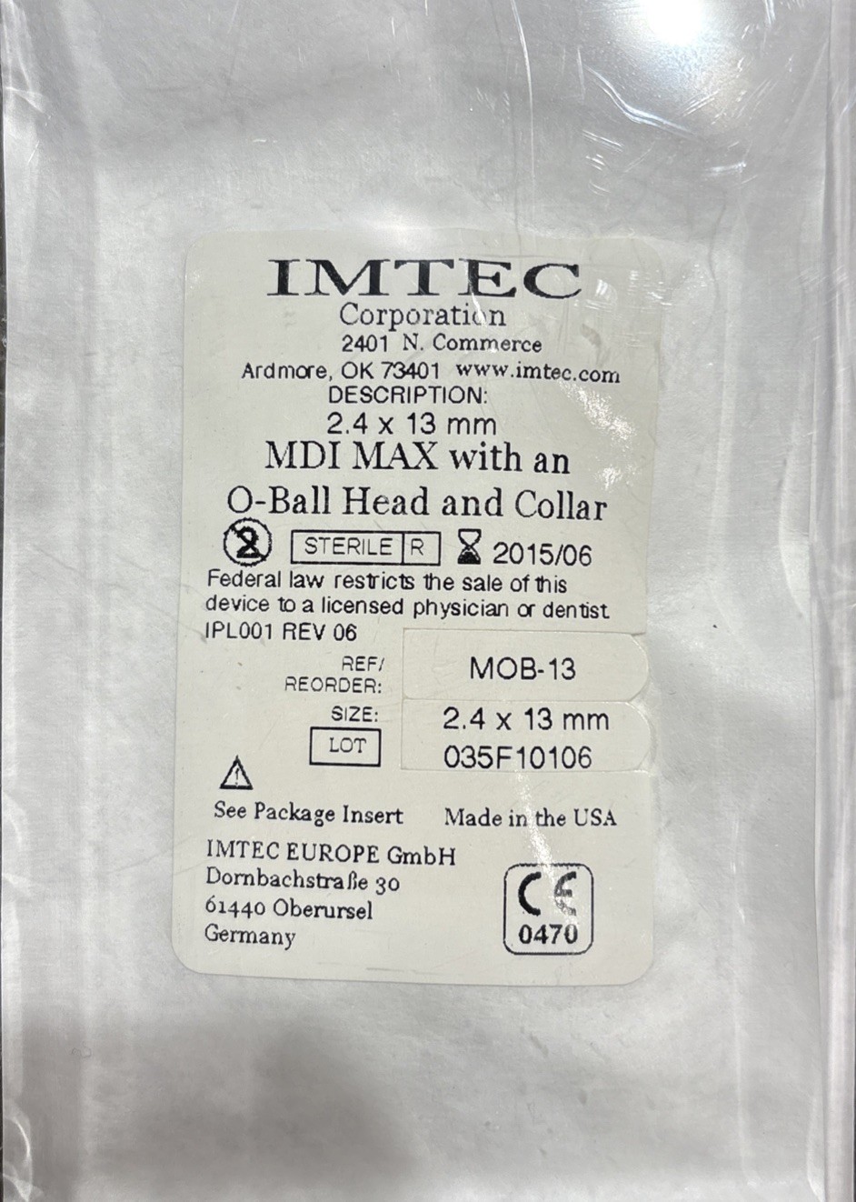 IMTEC Sendax MDI O-Ball Head and Collar 2.4 x 13 mm Each