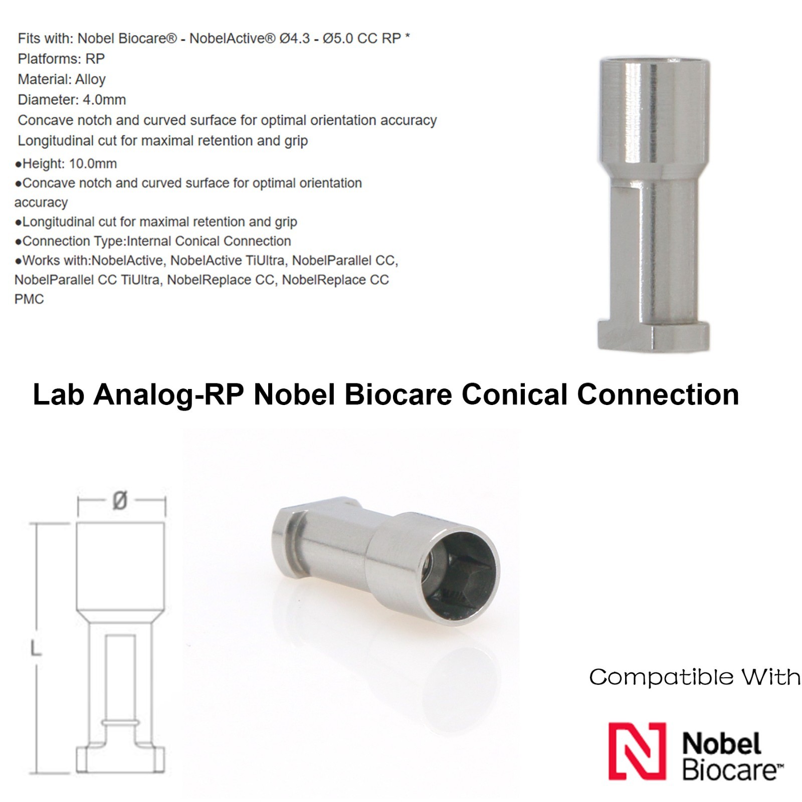 Nobel Biocare Active NP/RP Conical Connection Dental Laboranalog Implant Analog
