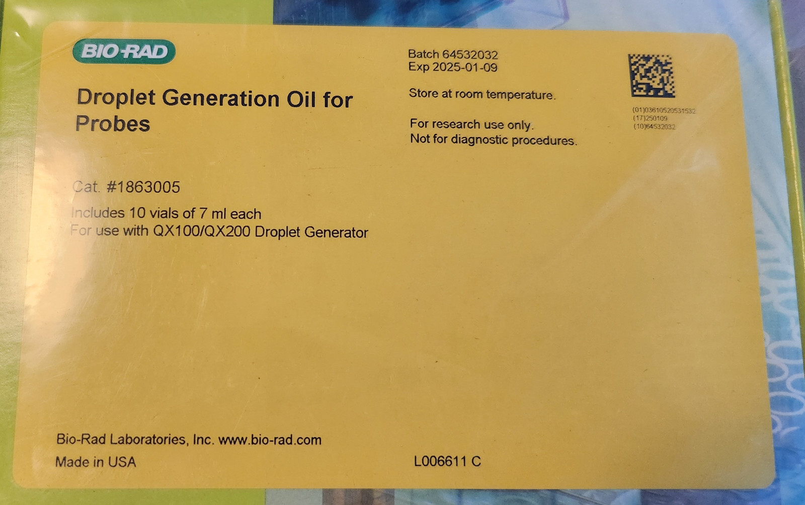 Lot of 2 Bio-Rad 1863005 ddPCR Droplet Generation Oil for Probes, QX600 & QX200