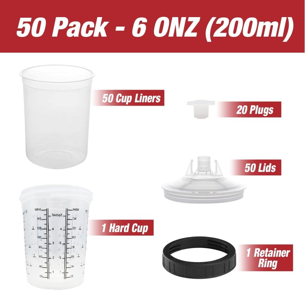 LAUCO Disposable Spray Gun Paint Cups Kit 50 Pack 200ml