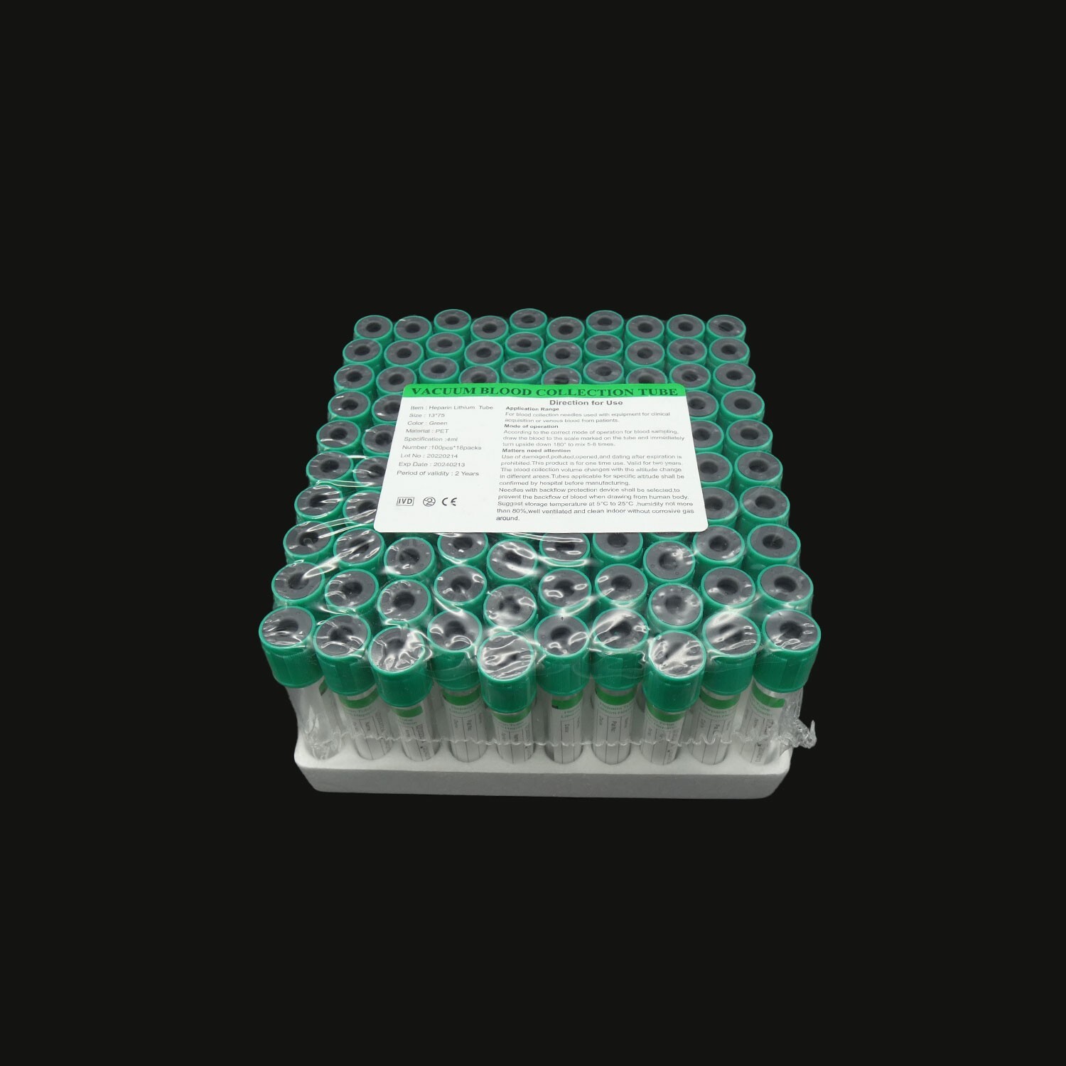 4ml Green Vacuum Blood Collection Tubes, Heparin Lithium Tube, 100/pack