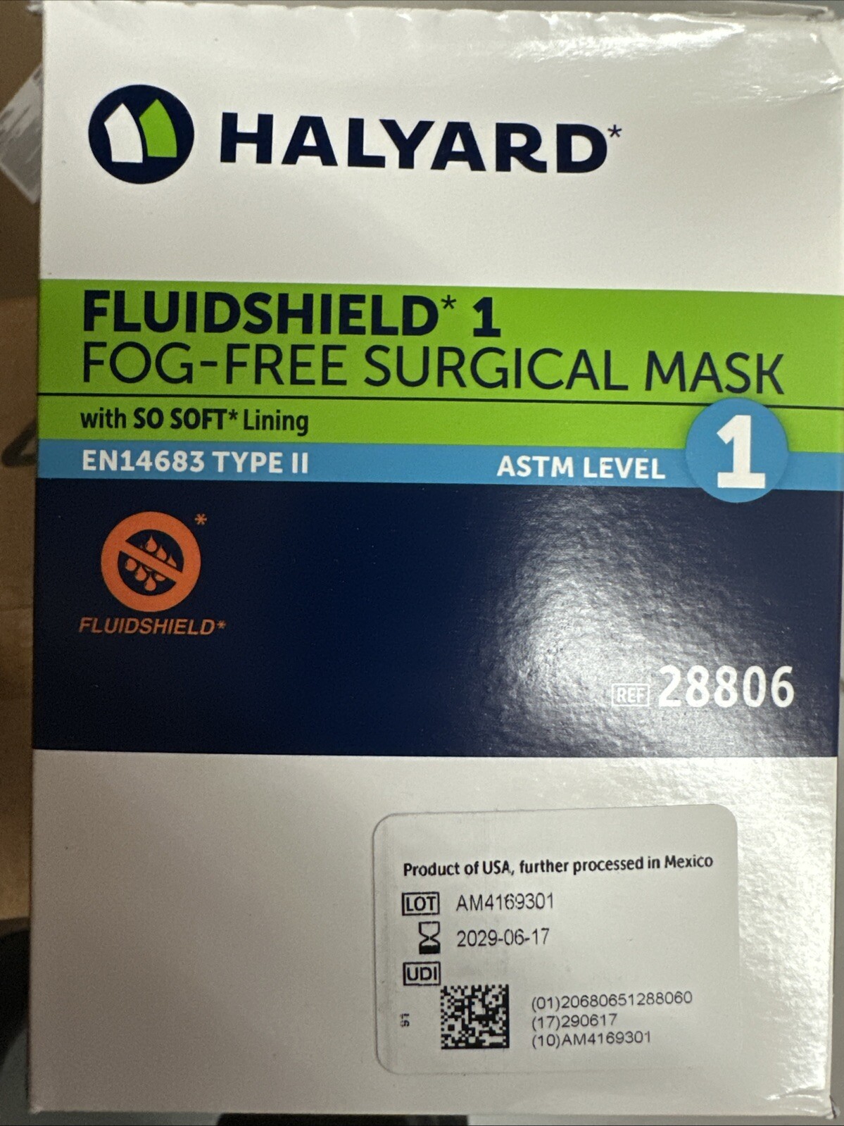 Fluidshield 1 Fog-Free Surgical Mask, ASTM Level 1, Halyard #28806, 300/Case!
