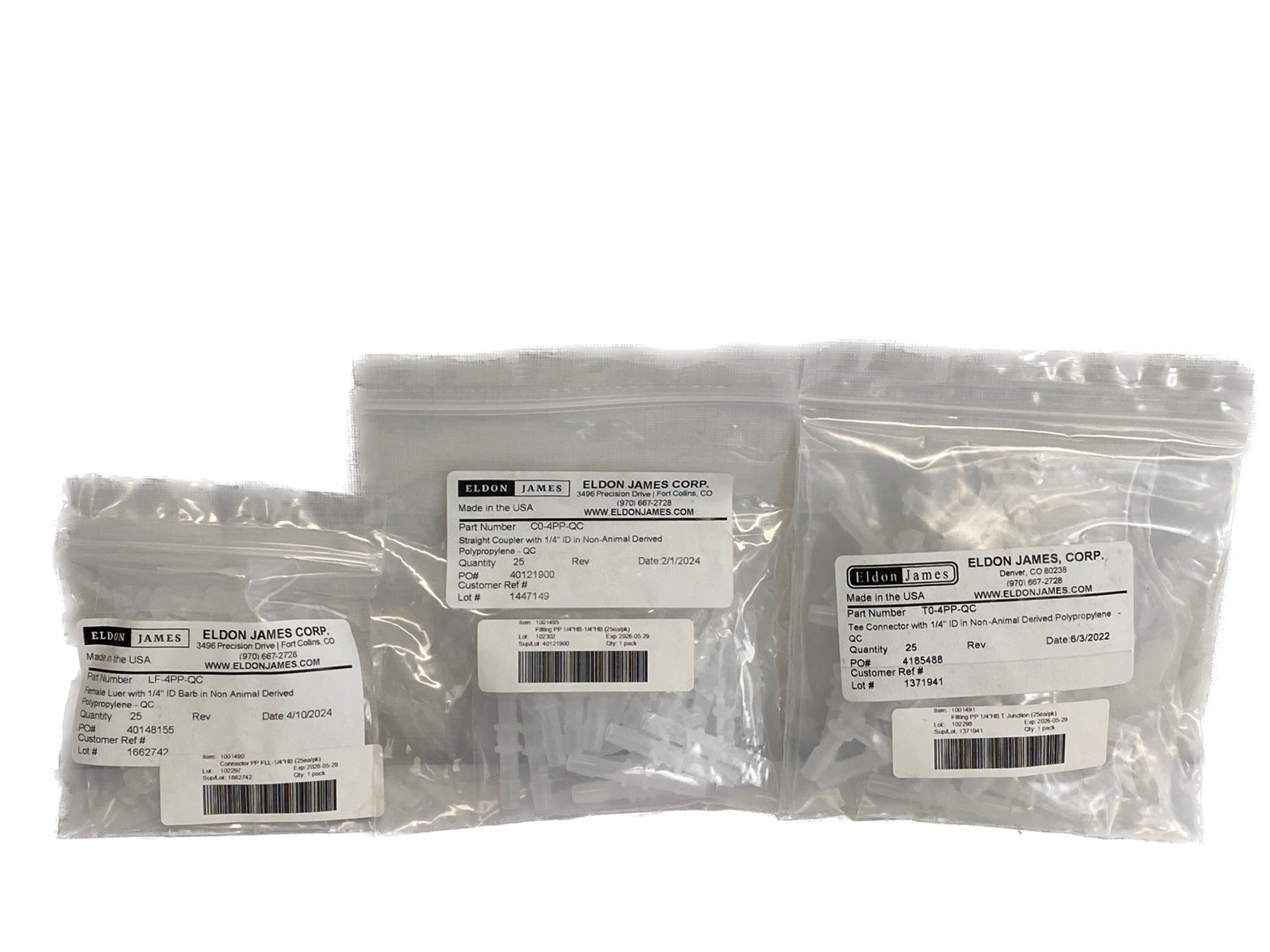 (Lot of 75) ELDON JAMES Female Luer, Straight Coupler, Tee Connector 1/4” ID HB
