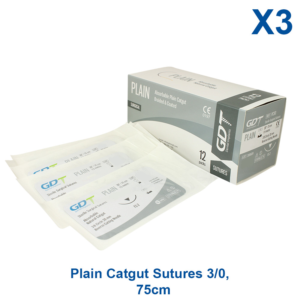 3×12 Plain Catgut Sewing Thread 3/0 Atraumatic 20mm 3/8 Reverse 75cm