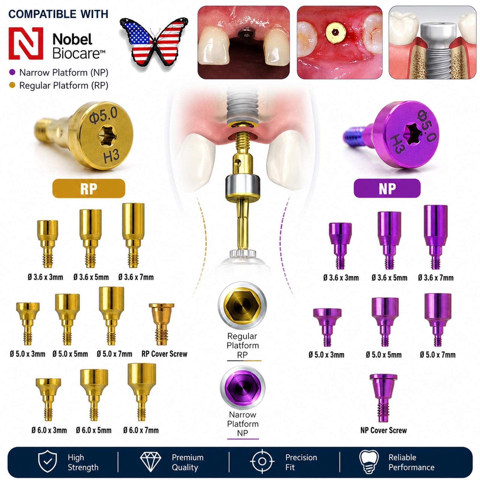 US Nobel Biocare Implant Healing Abutment Cap Titanium NP RP CC Temporary Dental