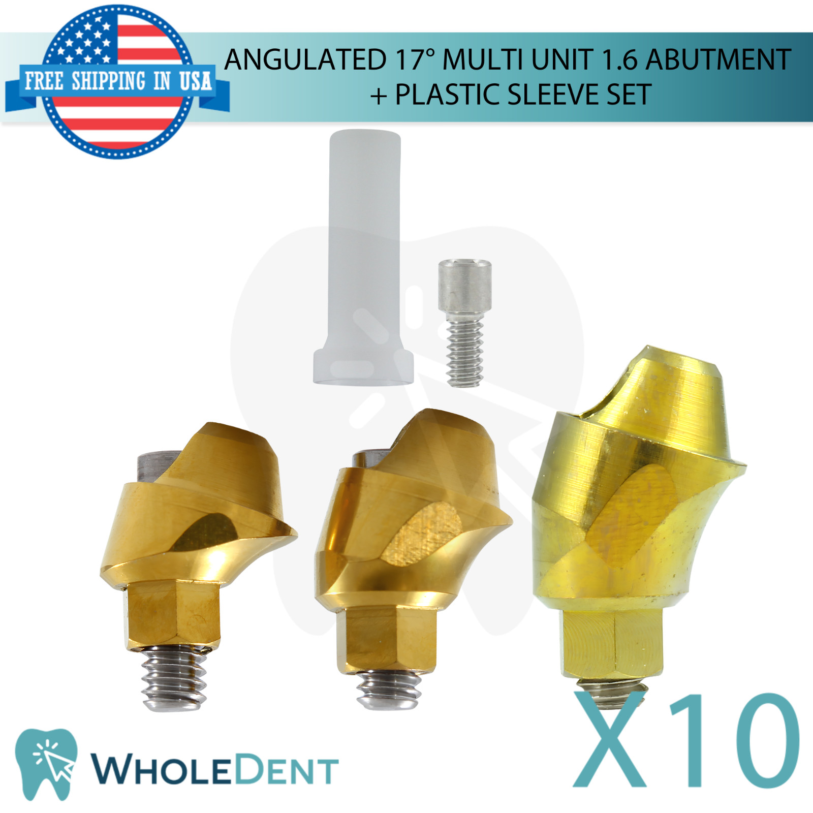 10x Dental Angulated 17° Prosthetic Multi Unit 1.6mm Plastic Sleeve Set Int Hex