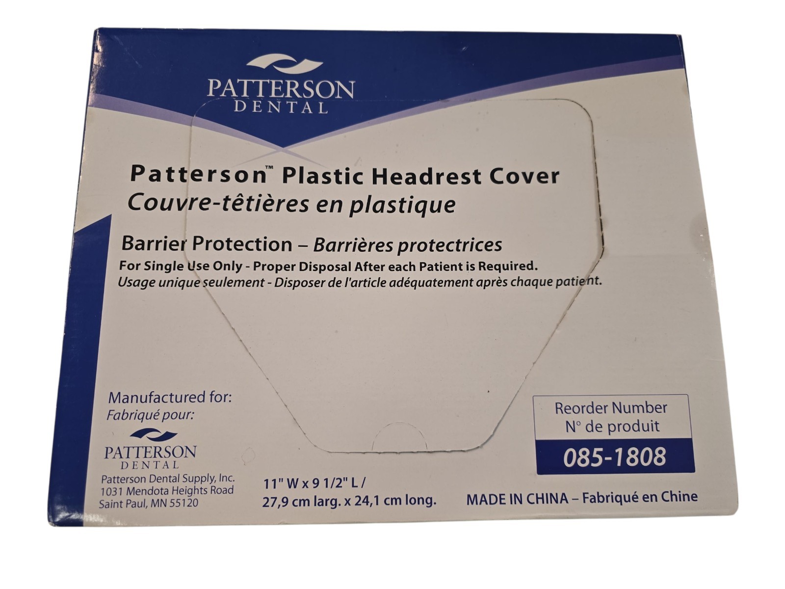 Box/250 Patterson Dental Plastic Headrest Cover 11″ W x 9 1/2″ L Item# 085-1808