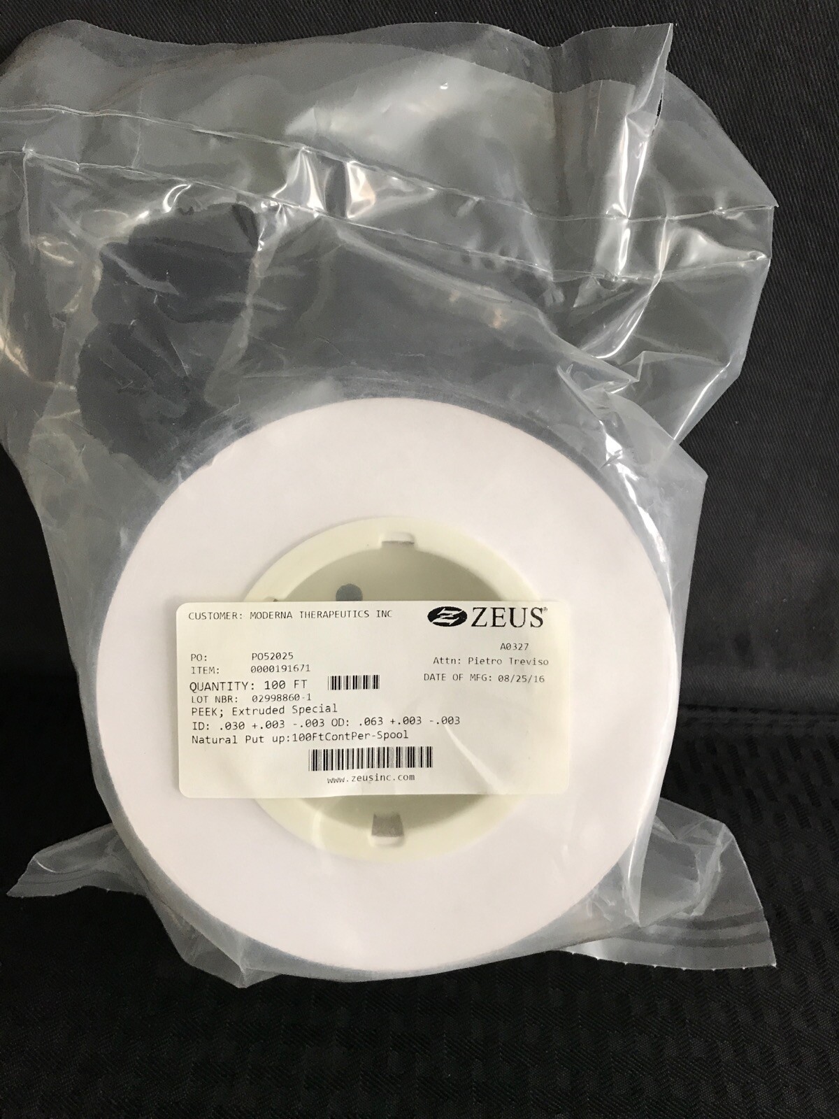 (100 Ft Spool) ZEUS PEEK Extruded Special Tubing 0.063”OD 0.30”ID 0000191671
