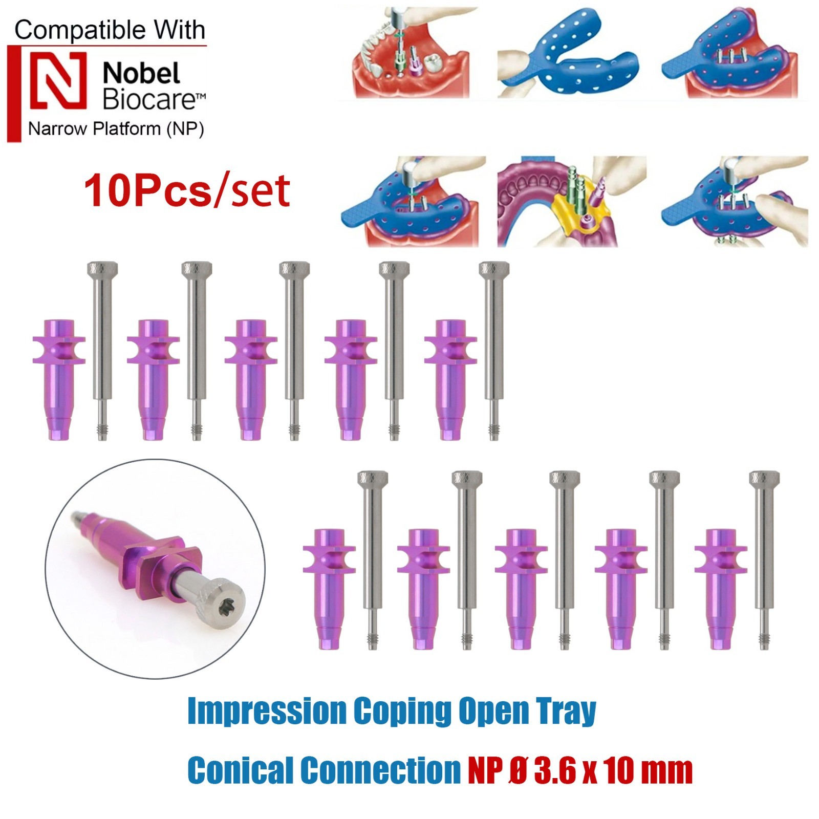 US 10Pcs Impression Transfer Coping Open Closed Tray fits Nobel Active NP RP Hex