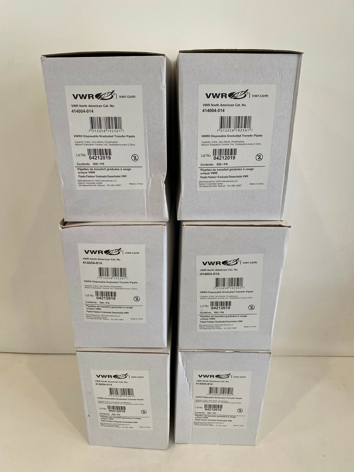 VWR 414004-014 Disposable Transfer Pipets Graduated 5.8ML Case 3000 Units