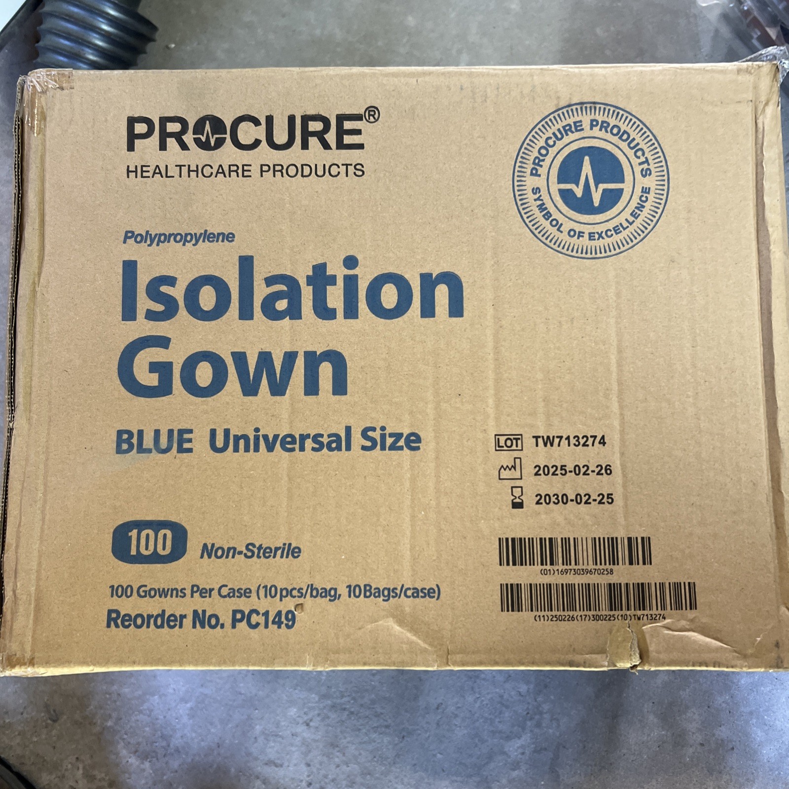Case Of 100 ProCure Isolation Gown Blue. PC149 Non Sterile Exp. 2/2030 Universal