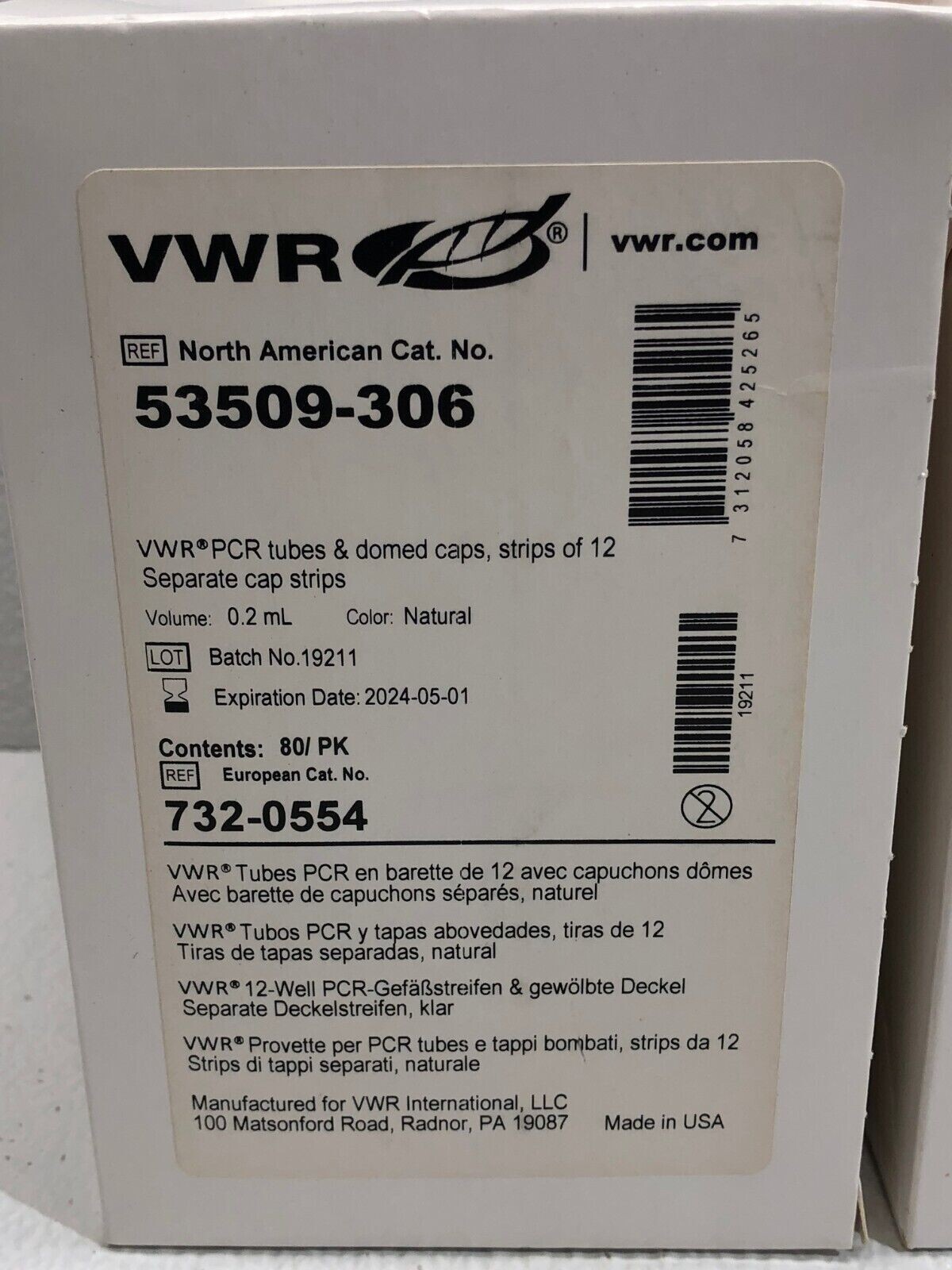 VWR Cat No 53509-306 PCR Strip 0.2 ml Tube With 12 Wells 80/Pk Lot Of 2