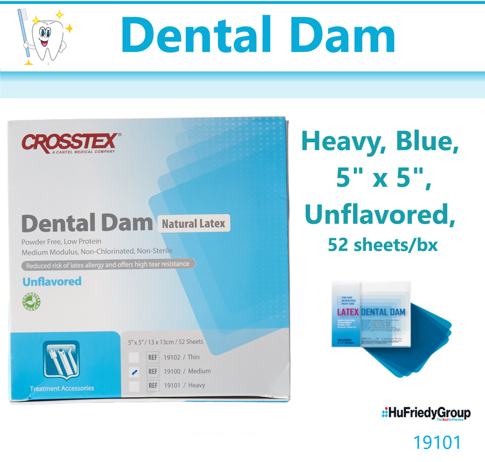Dental Dam, Heavy Duty, Blue, 5″ x 5″, Unflavored, 52 sheets/bx, Crosstex 19101