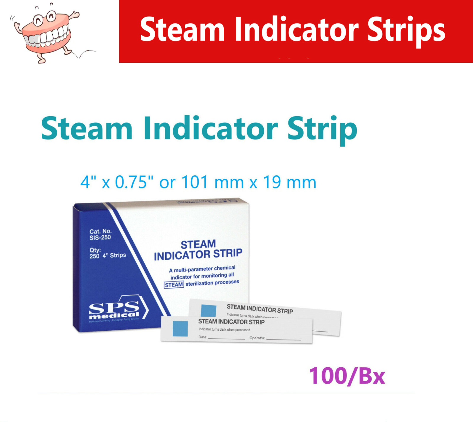 Dental Chemical Indicator Steam Strips 4″ x 0.75″, 250/Bx, Crosstex SIS-100
