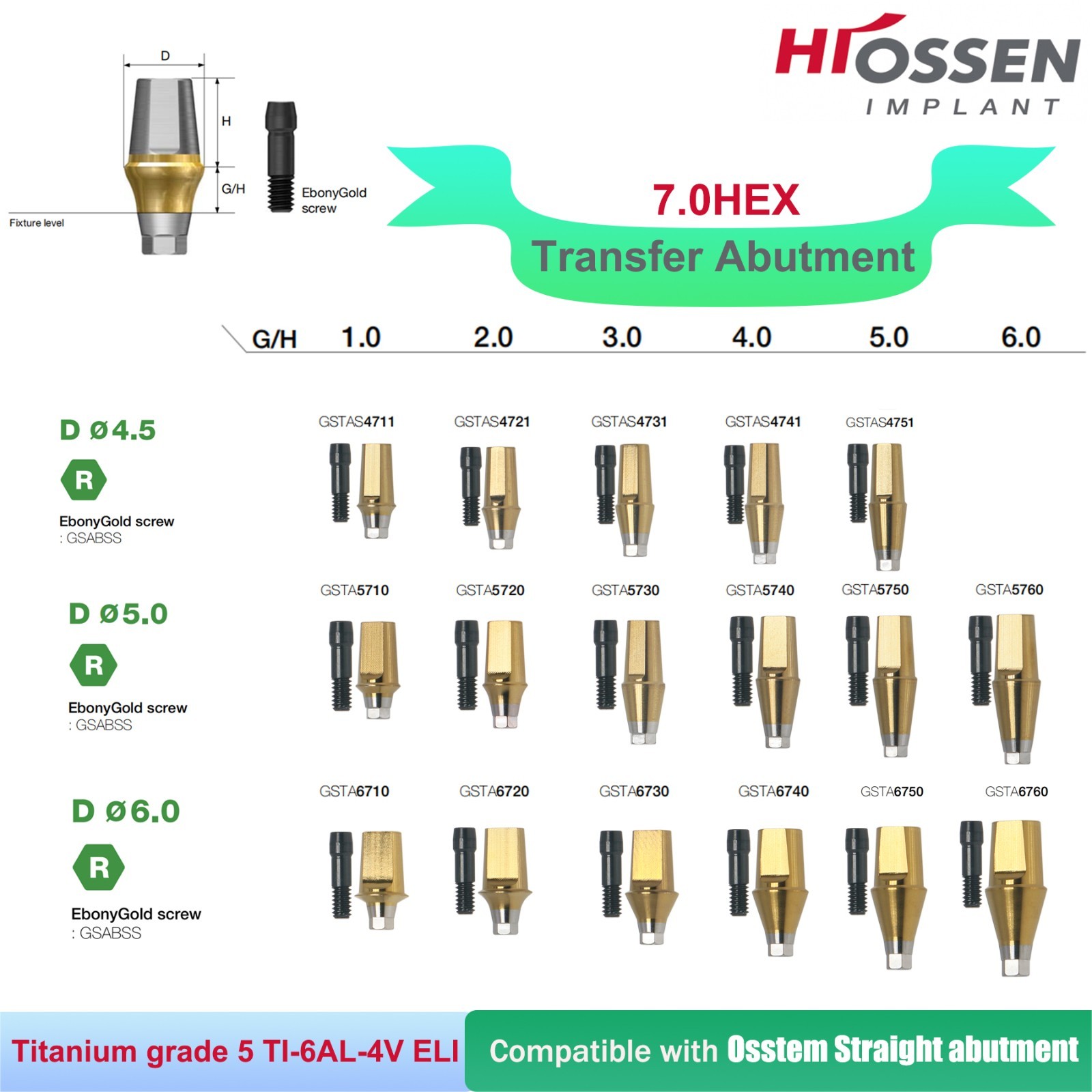 Dental Titanium Straight Abutment Fit Osstem Hiossen ET Regular Cement Retained