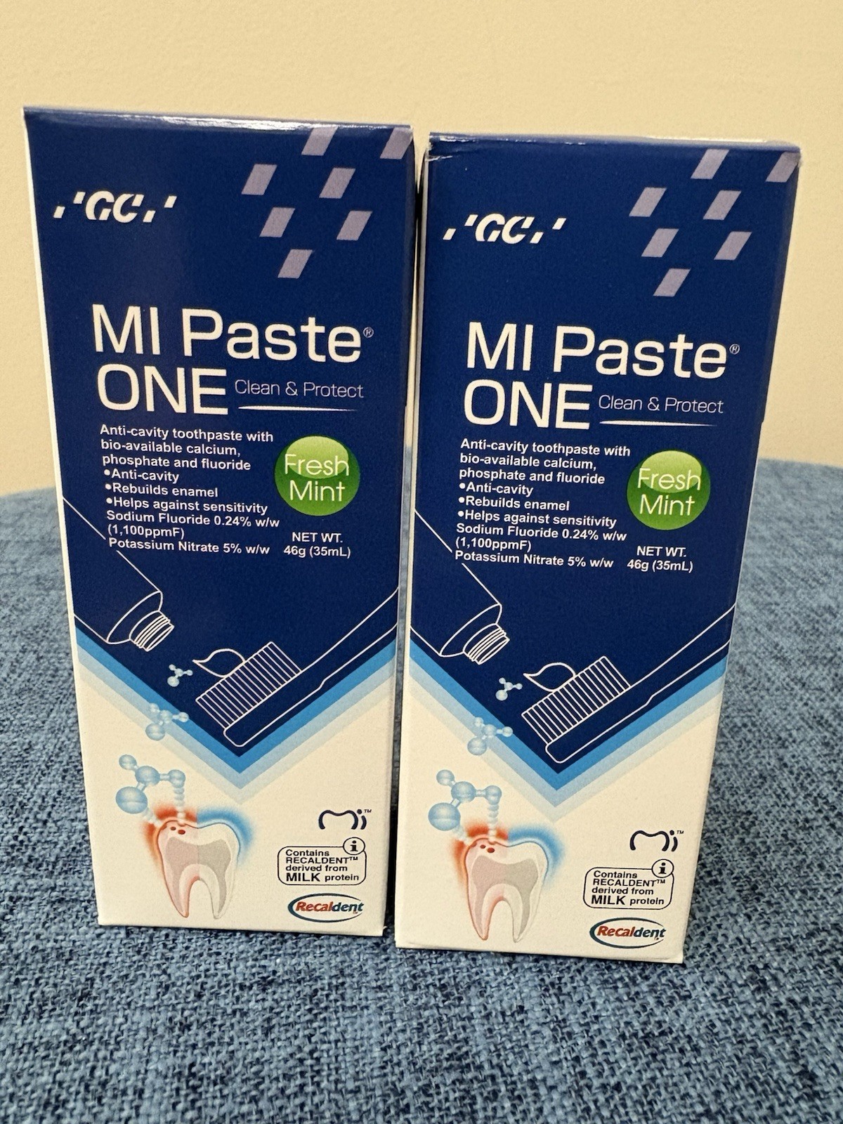 2 Pack MI Paste® ONE Fresh Mint Anti-cavity Toothpaste w/ RECALDENT™. 40g/pk