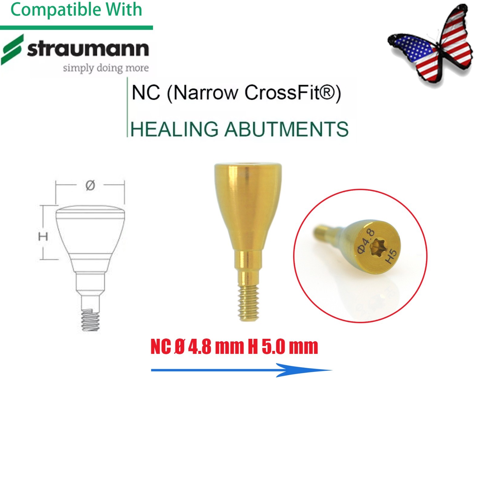 US NC Healing Abutment & Closure Cap Fits Straumann CrossFit BLT Ø3.3 5pcs/set